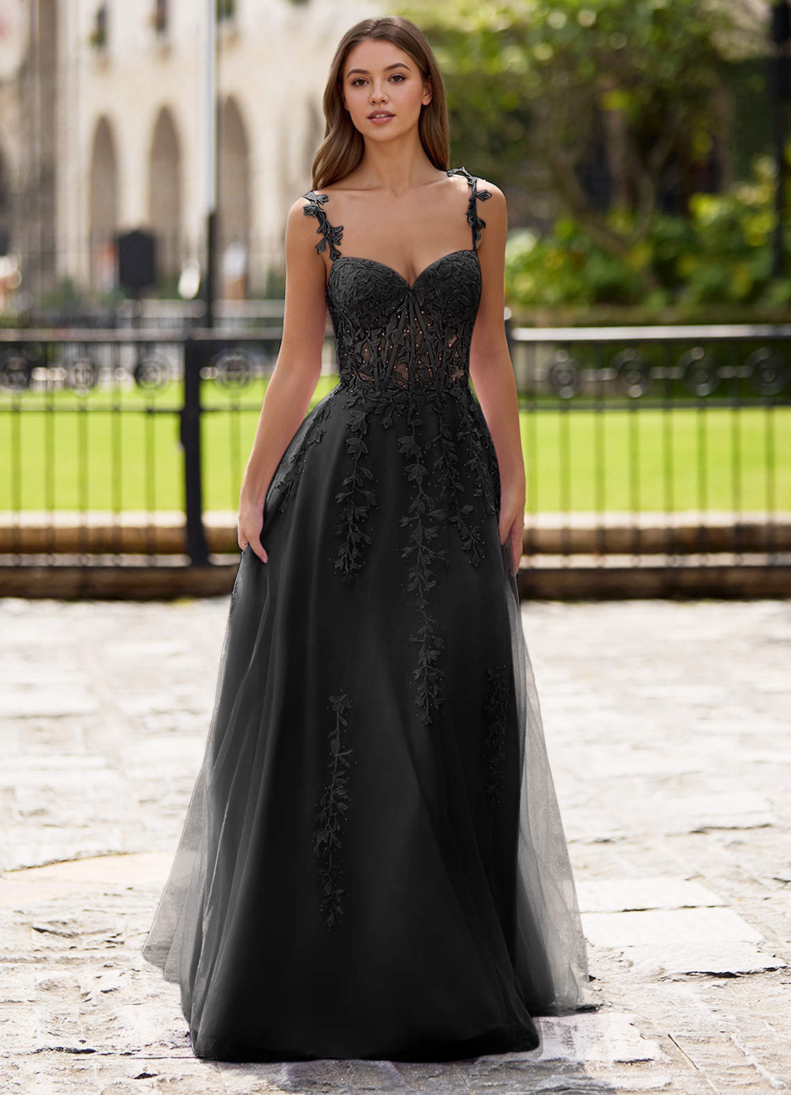 Dreamscape A-Line Sweetheart Lace Tulle Prom Dress in black