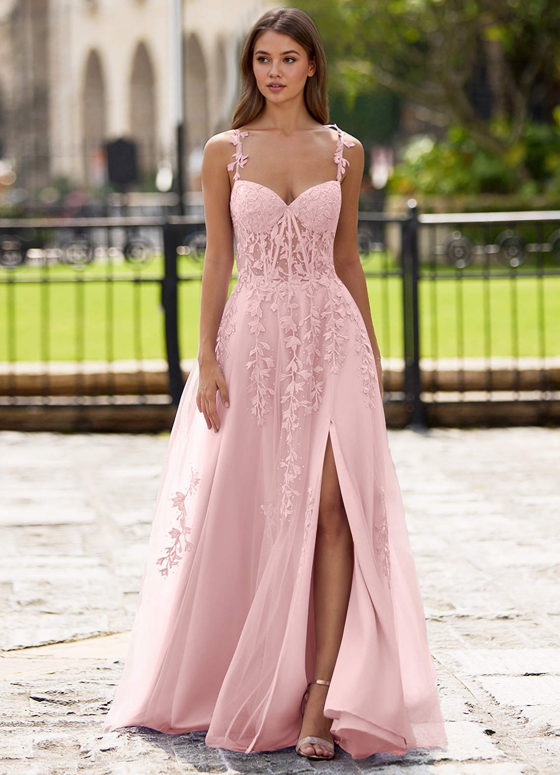 Dreamscape A-Line Sweetheart Lace Tulle Prom Dress in Blushing Pink