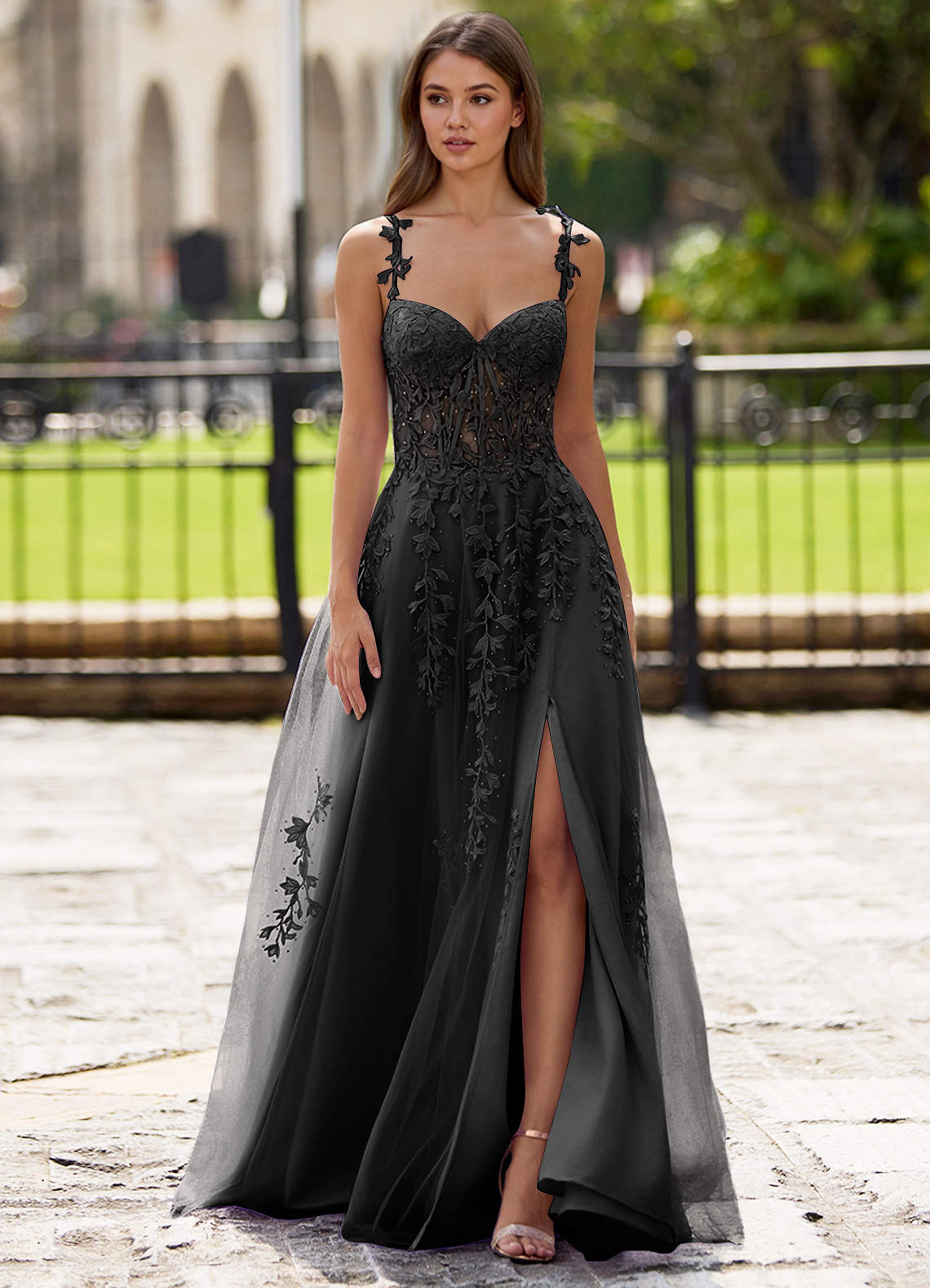 Dreamscape A-Line Sweetheart Lace Tulle Prom Dress in black