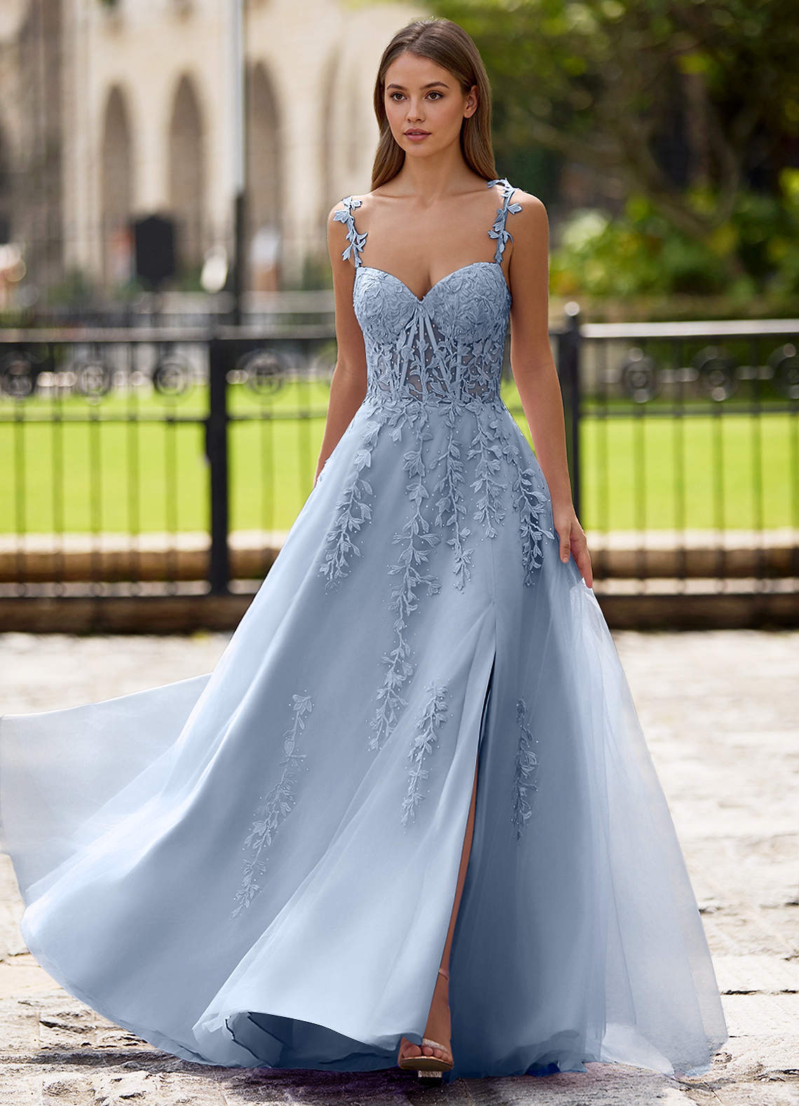 Dreamscape A-Line Sweetheart Lace Tulle Prom Dress in dusty blue