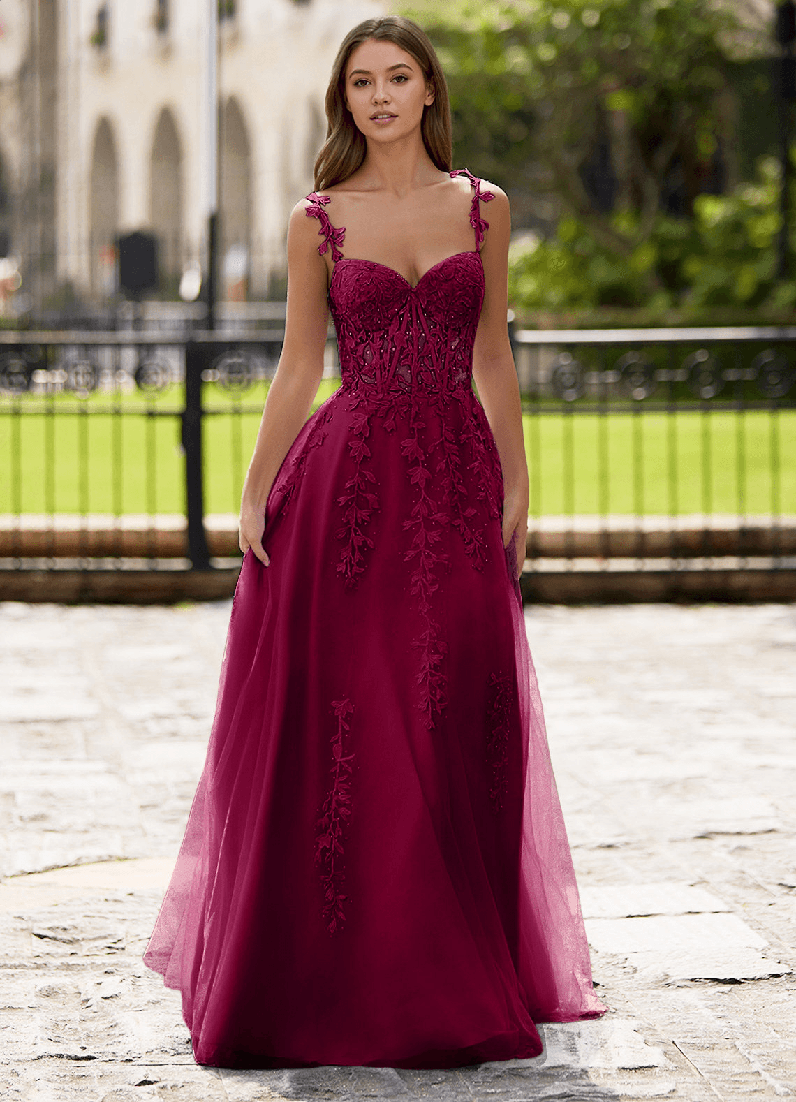 Dreamscape A-Line Sweetheart Lace Tulle Prom Dress in Burgundy
