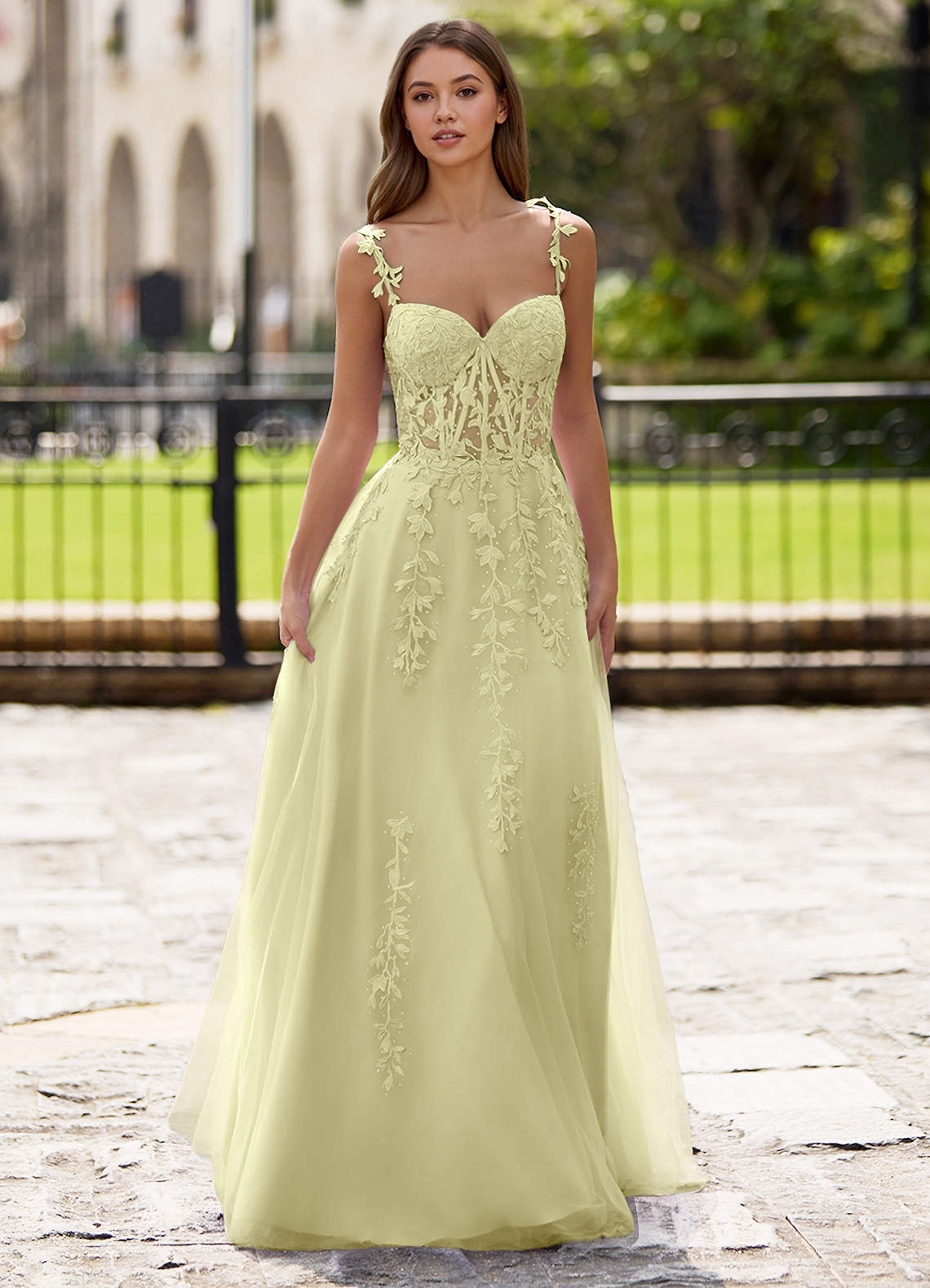 Dreamscape A-Line Sweetheart Lace Tulle Prom Dress in Yellow