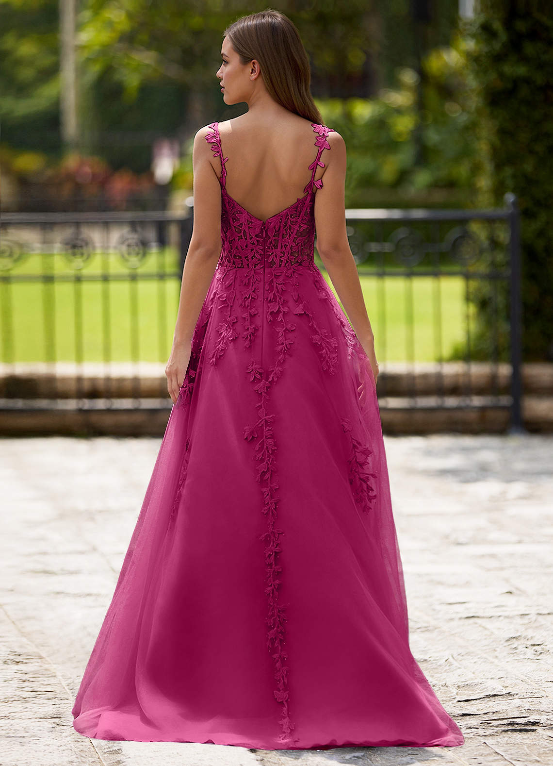 Dreamscape A-Line Sweetheart Lace Tulle Prom Dress in Fuchsia