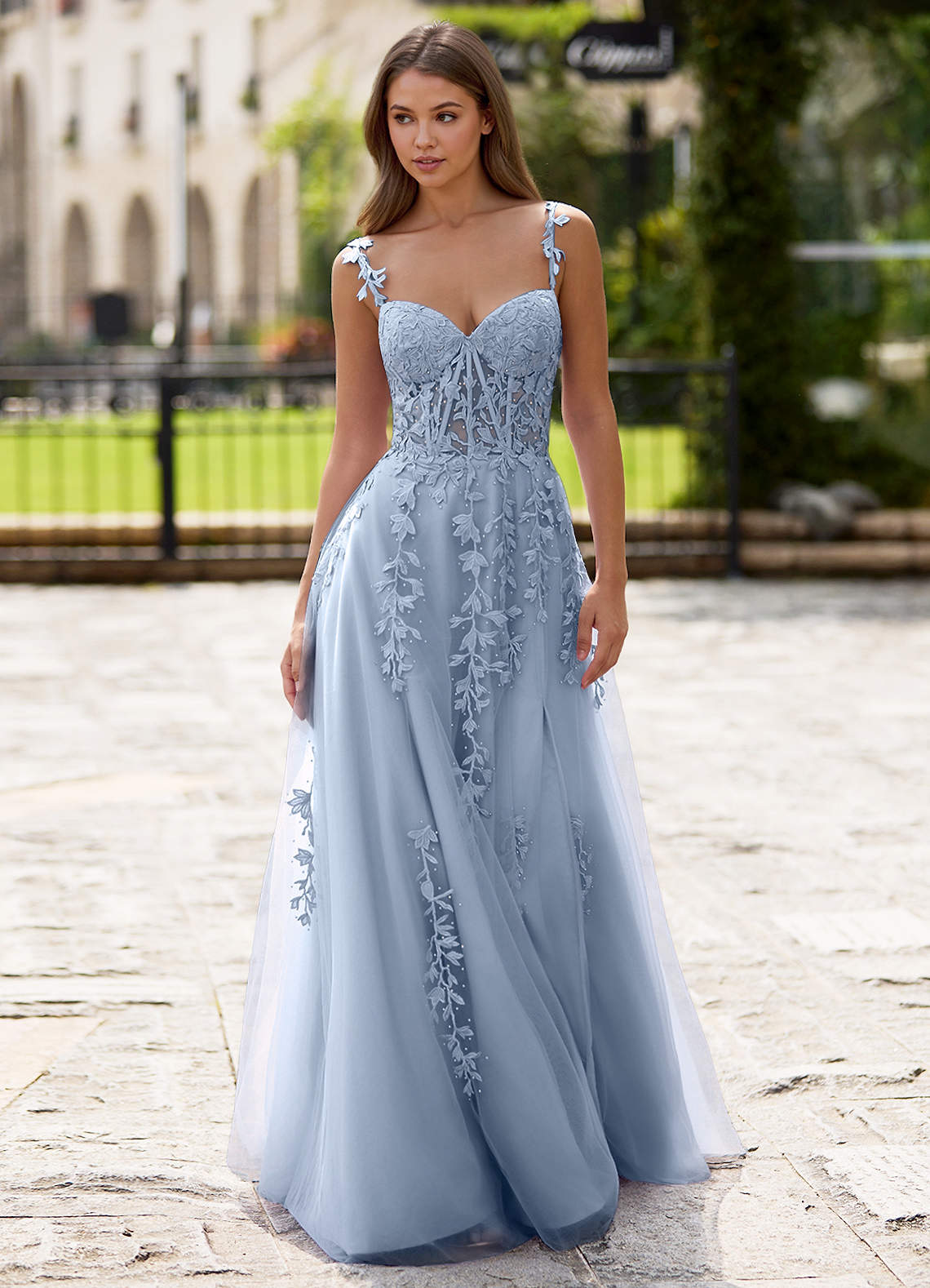 Dreamscape A-Line Sweetheart Lace Tulle Prom Dress in dusty blue
