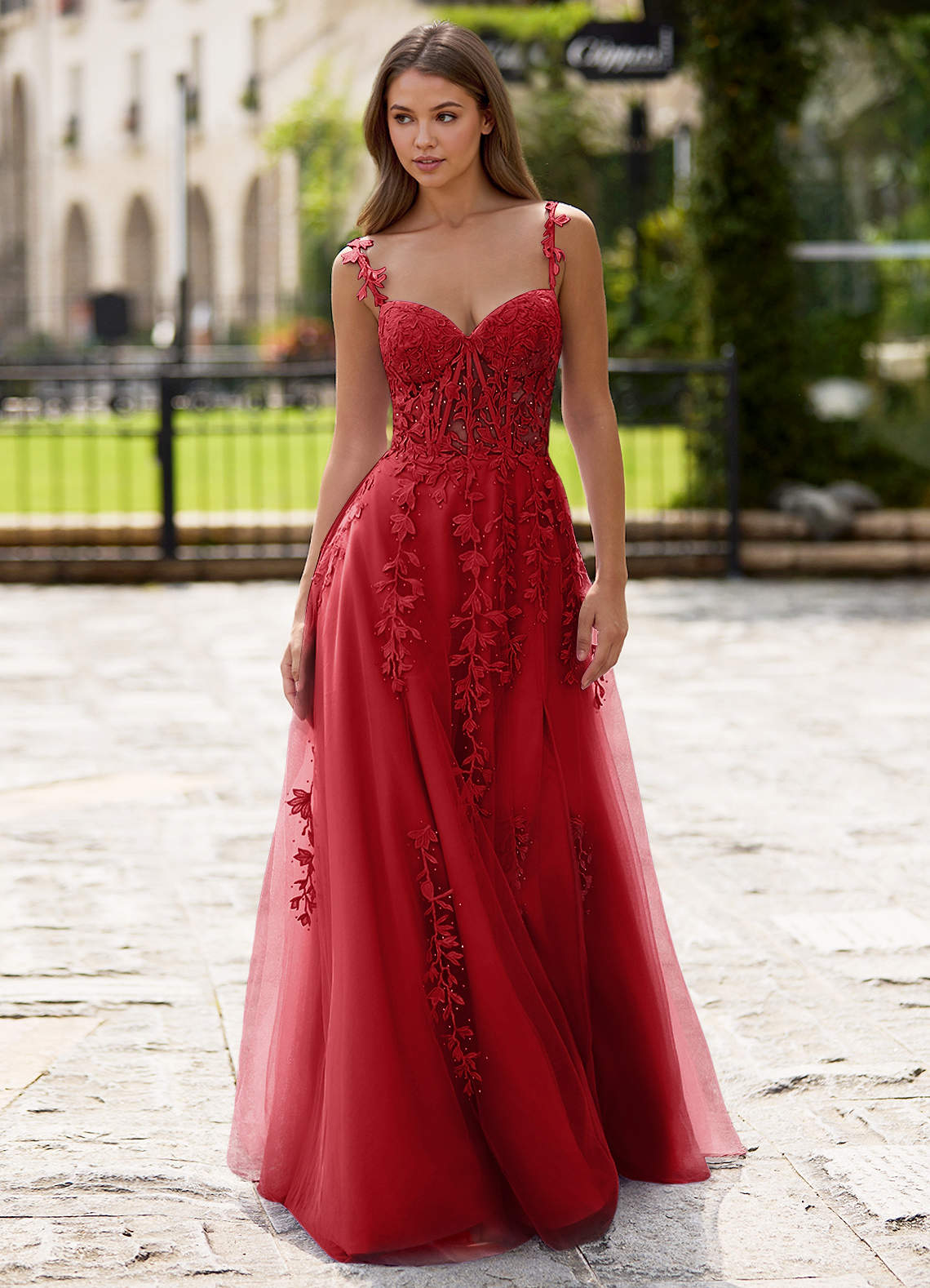Dreamscape A-Line Sweetheart Lace Tulle Prom Dress in Red