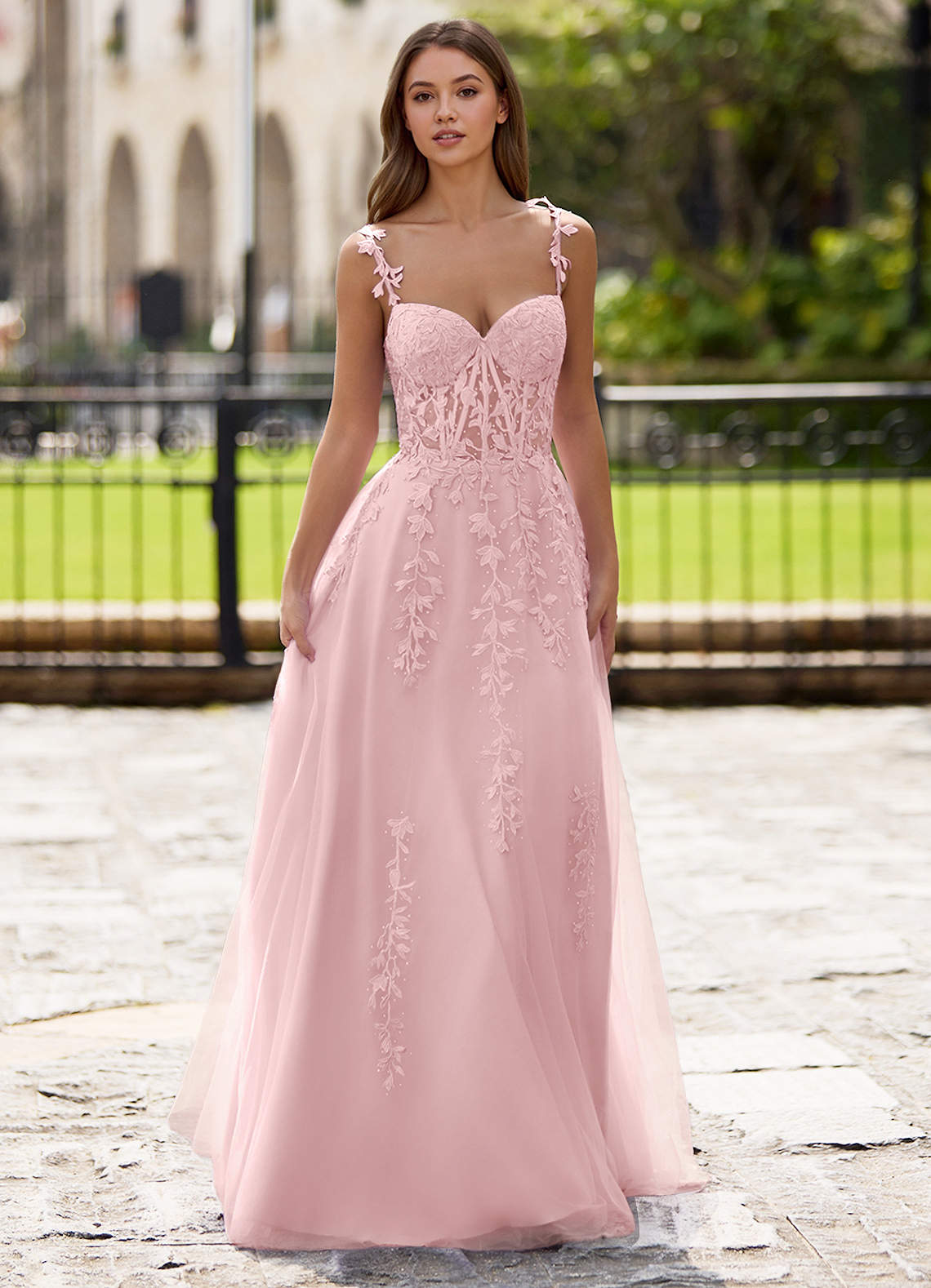 Dreamscape A-Line Sweetheart Lace Tulle Prom Dress in Blushing Pink