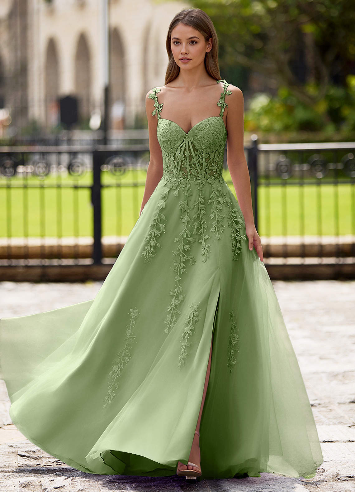 Dreamscape A-Line Sweetheart Lace Tulle Prom Dress in Sage