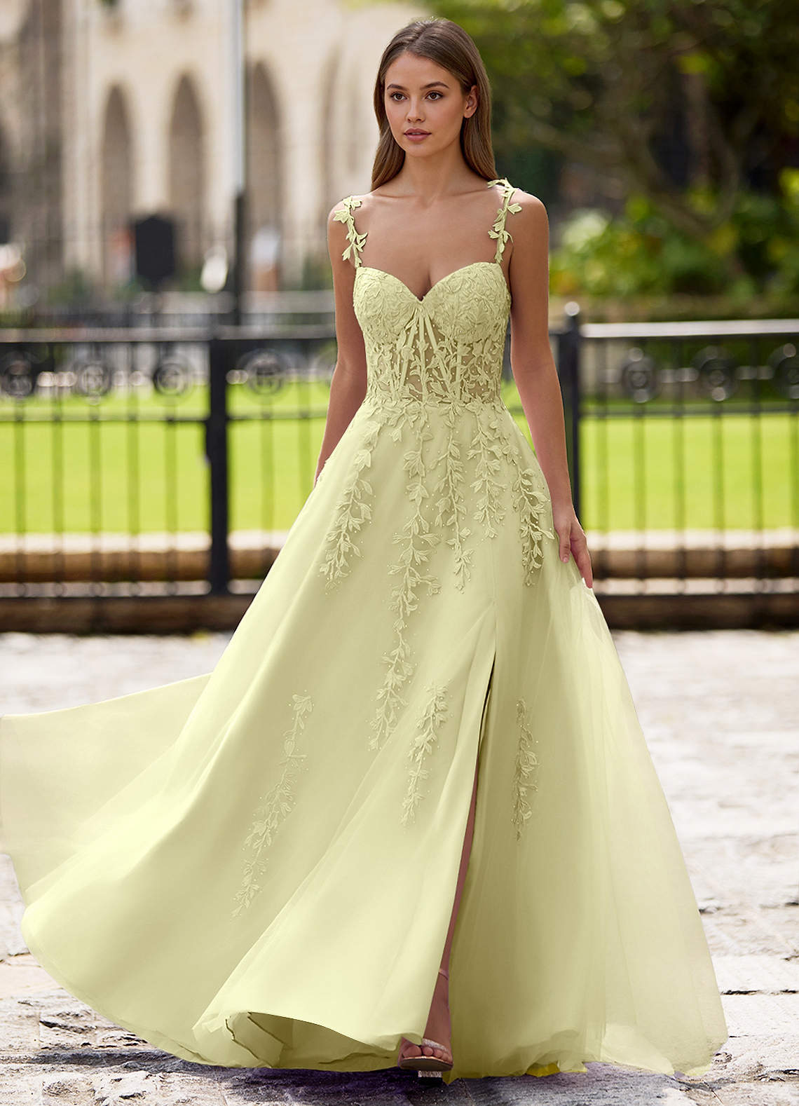 Dreamscape A-Line Sweetheart Lace Tulle Prom Dress in Yellow