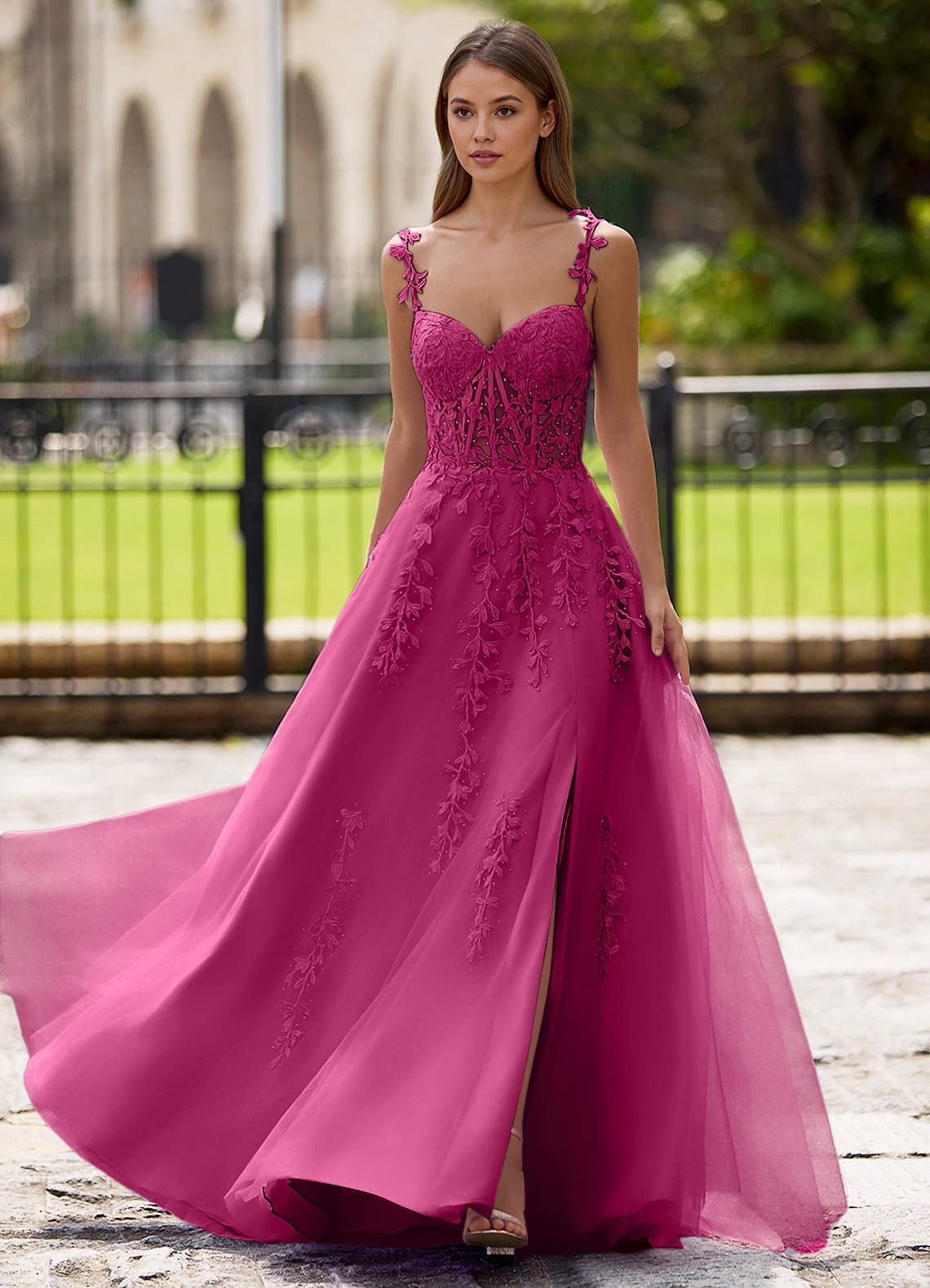 Dreamscape A-Line Sweetheart Lace Tulle Prom Dress in Fuchsia