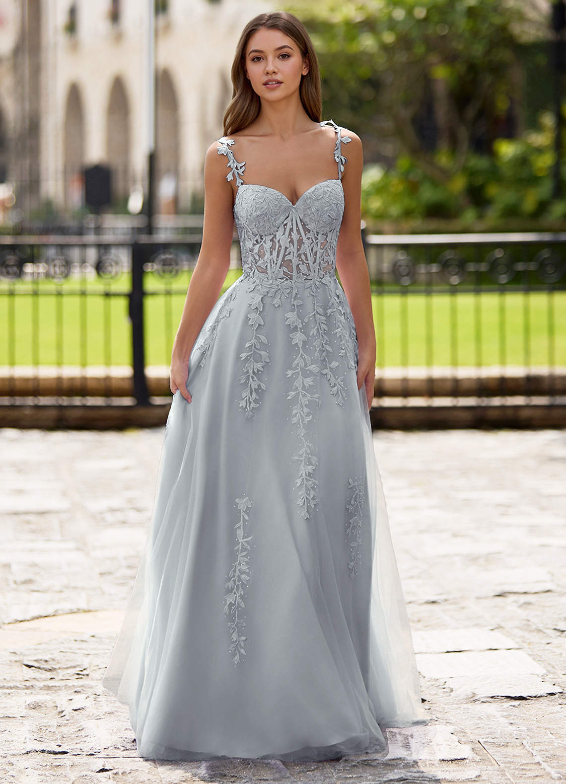 Dreamscape A-Line Sweetheart Lace Tulle Prom Dress in Silver