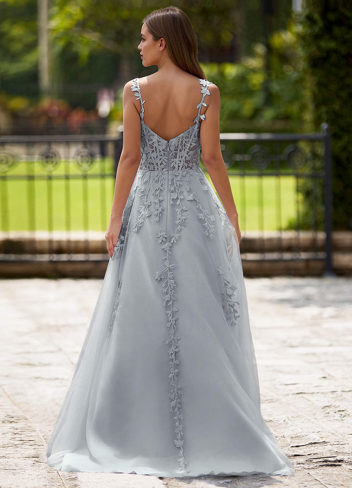 Dreamscape A-Line Sweetheart Lace Tulle Prom Dress in Silver