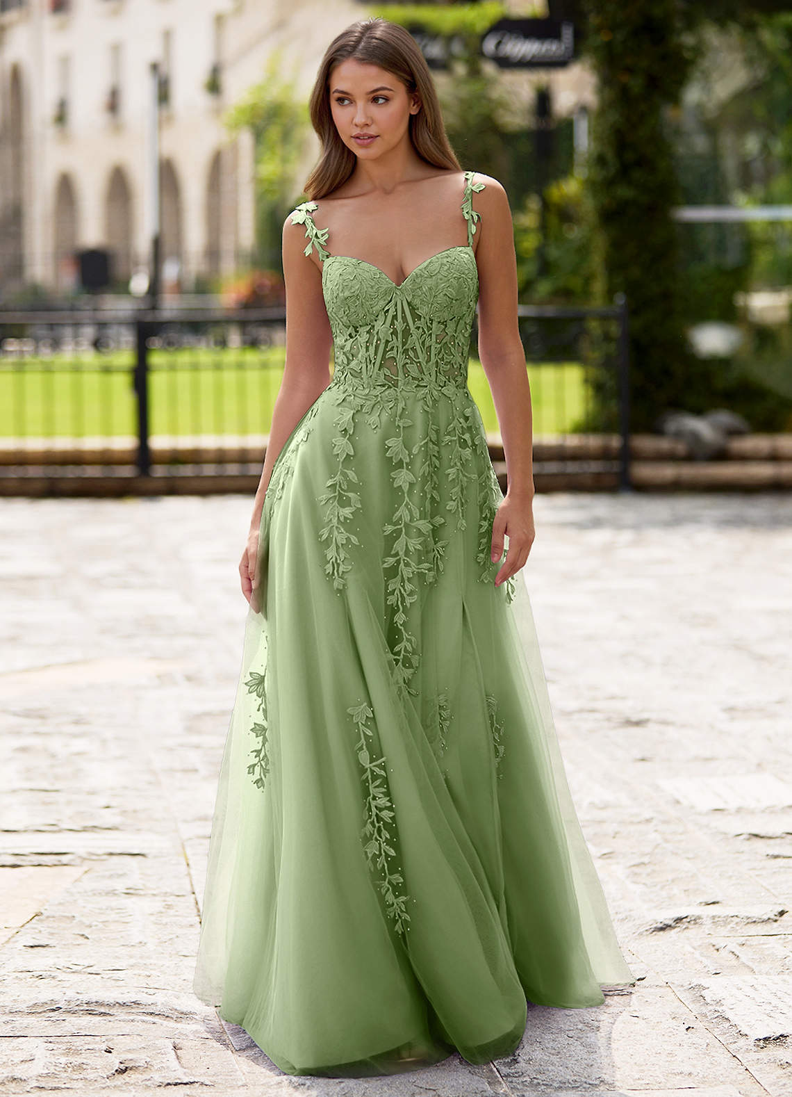 Dreamscape A-Line Sweetheart Lace Tulle Prom Dress in Sage