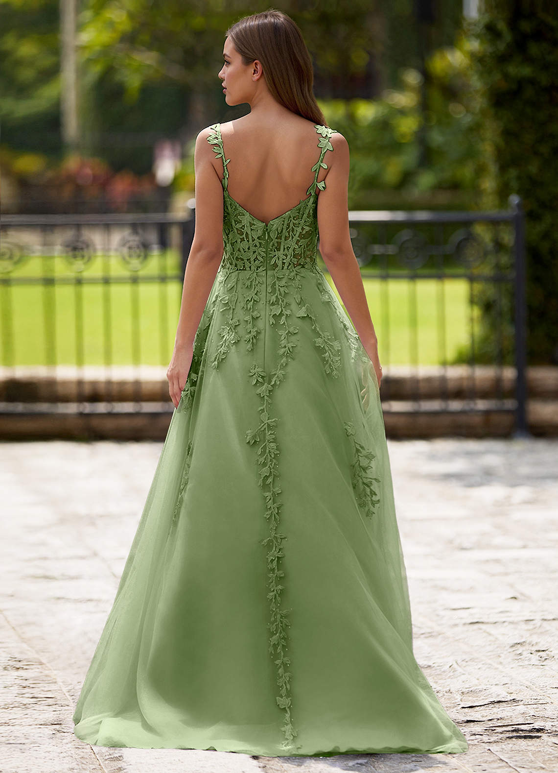 Dreamscape A-Line Sweetheart Lace Tulle Prom Dress in Sage