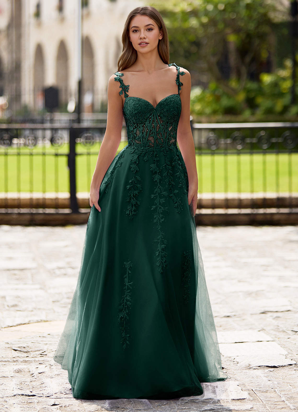 Dreamscape A-Line Sweetheart Lace Tulle Prom Dress in Dark Green