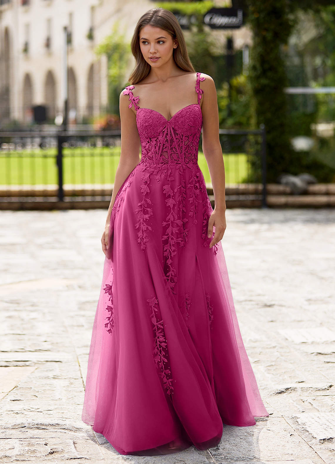 Dreamscape A-Line Sweetheart Lace Tulle Prom Dress in Fuchsia