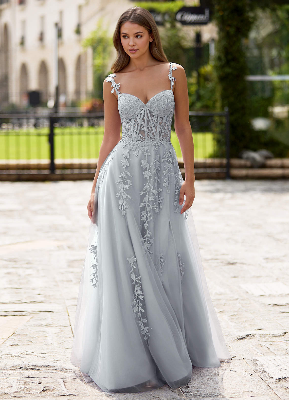 Dreamscape A-Line Sweetheart Lace Tulle Prom Dress in Silver