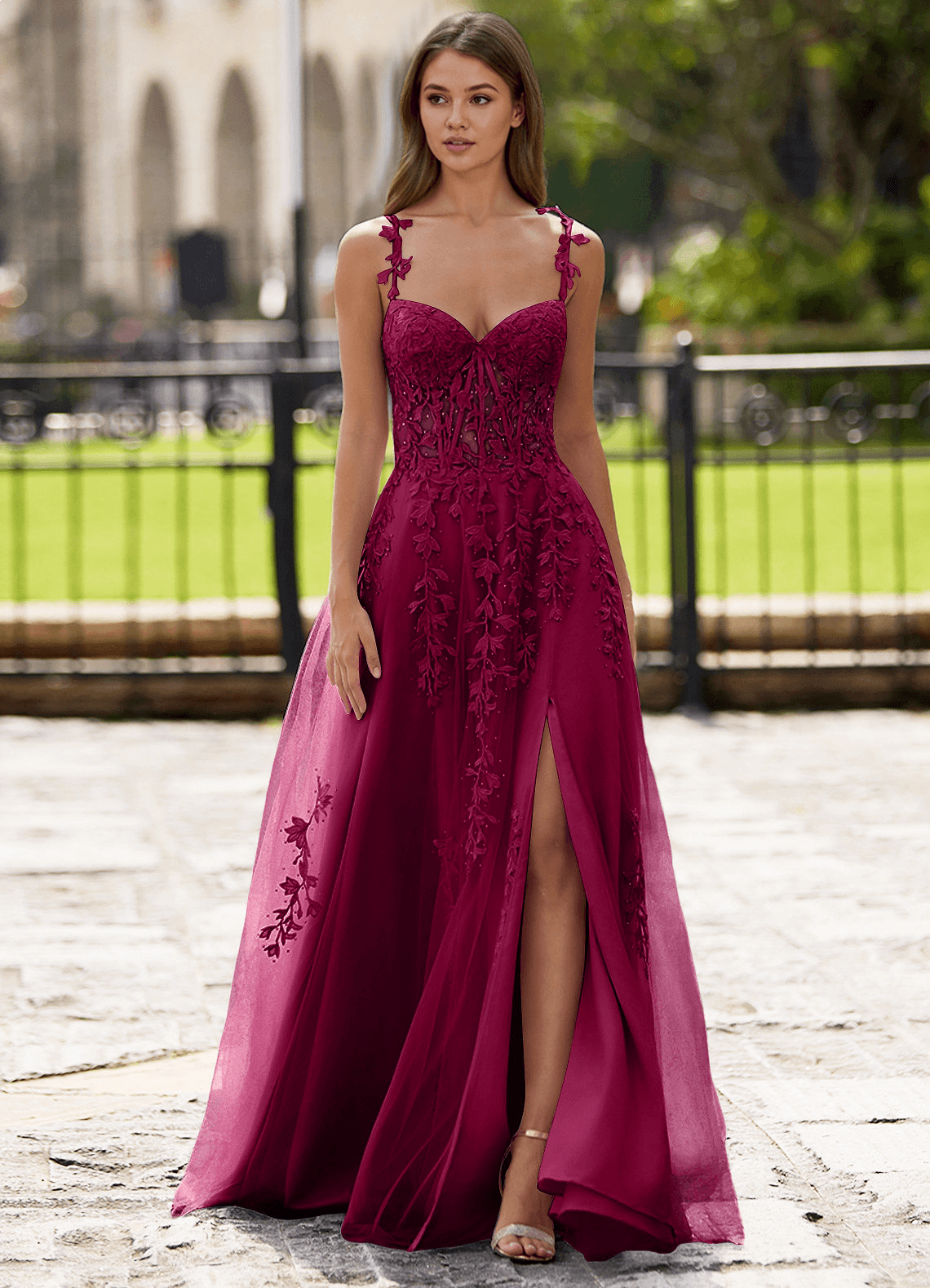 Dreamscape A-Line Sweetheart Lace Tulle Prom Dress in Burgundy