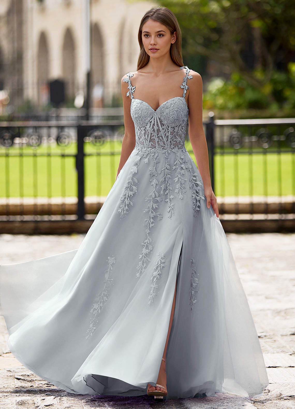 Dreamscape A-Line Sweetheart Lace Tulle Prom Dress in Silver