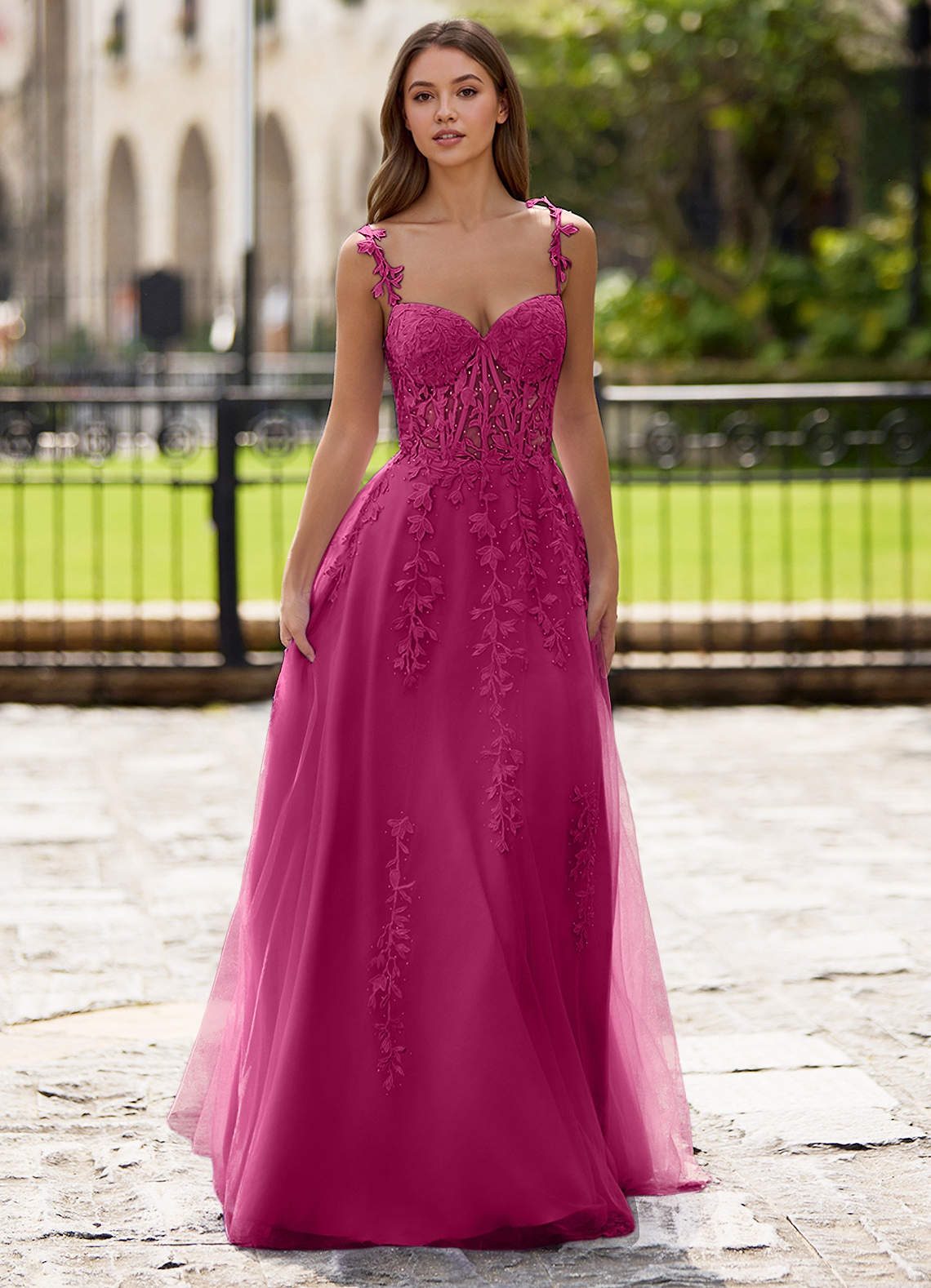 Dreamscape A-Line Sweetheart Lace Tulle Prom Dress in Fuchsia