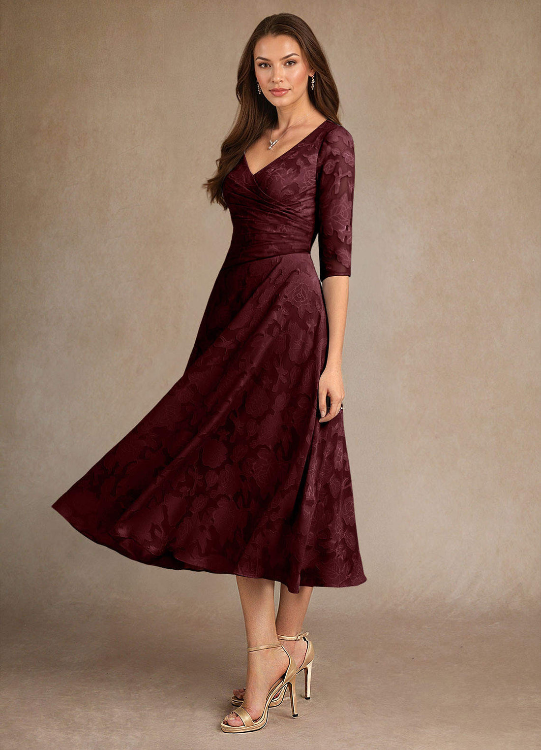 Durant A-Line V-Neck Floral Burnout Mother of the Bride Dress in Cabernet
