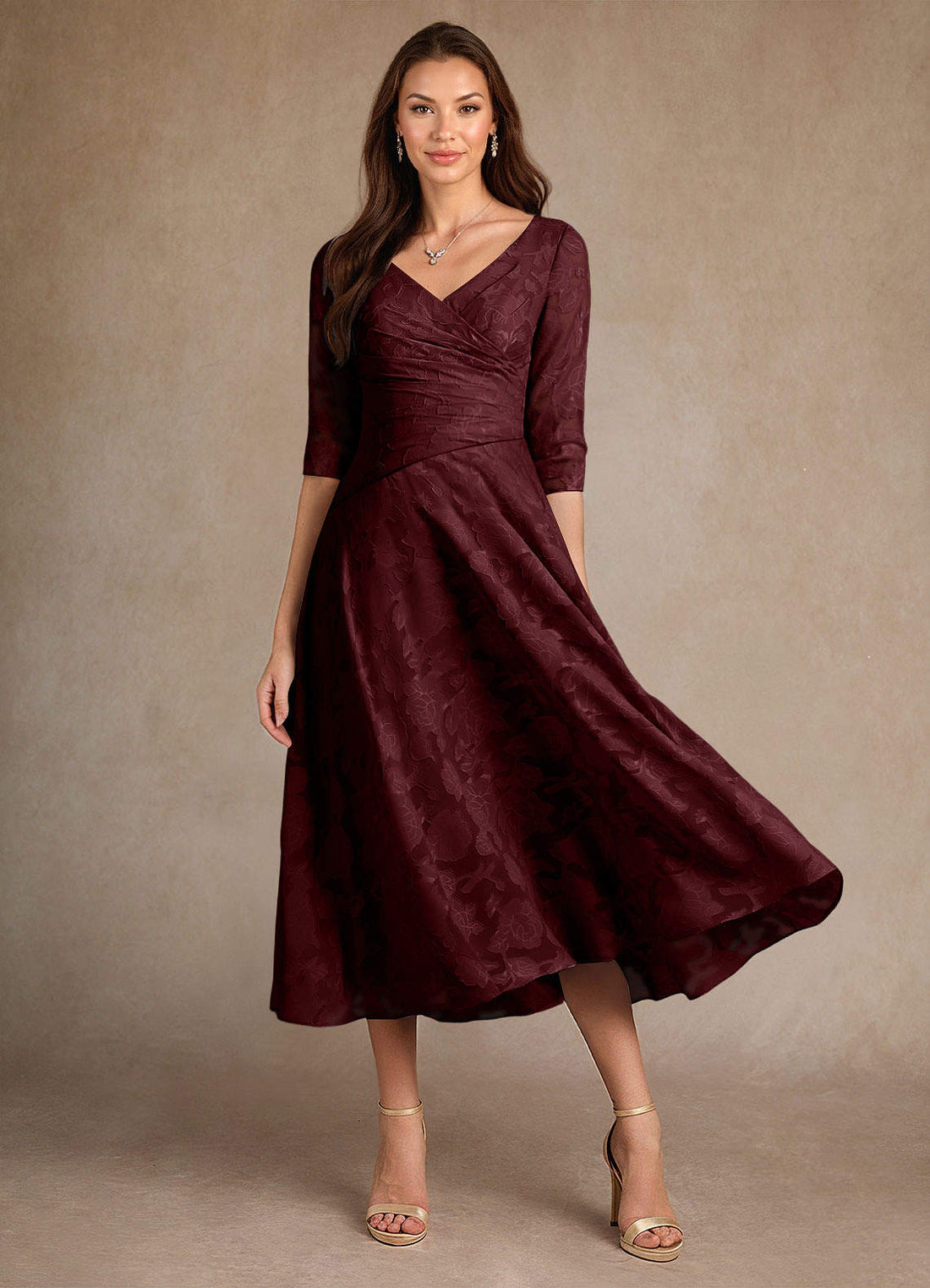 Durant A-Line V-Neck Floral Burnout Mother of the Bride Dress in Cabernet