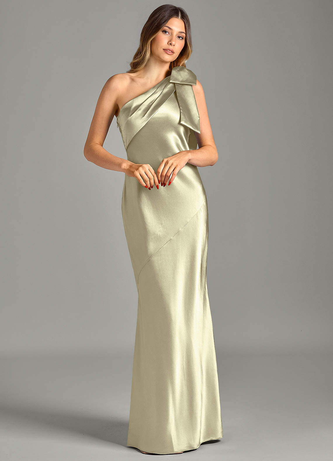 Yuanna Mermaid One-Shoulder Metallic Satin Bridesmaid Dress in Moss Green