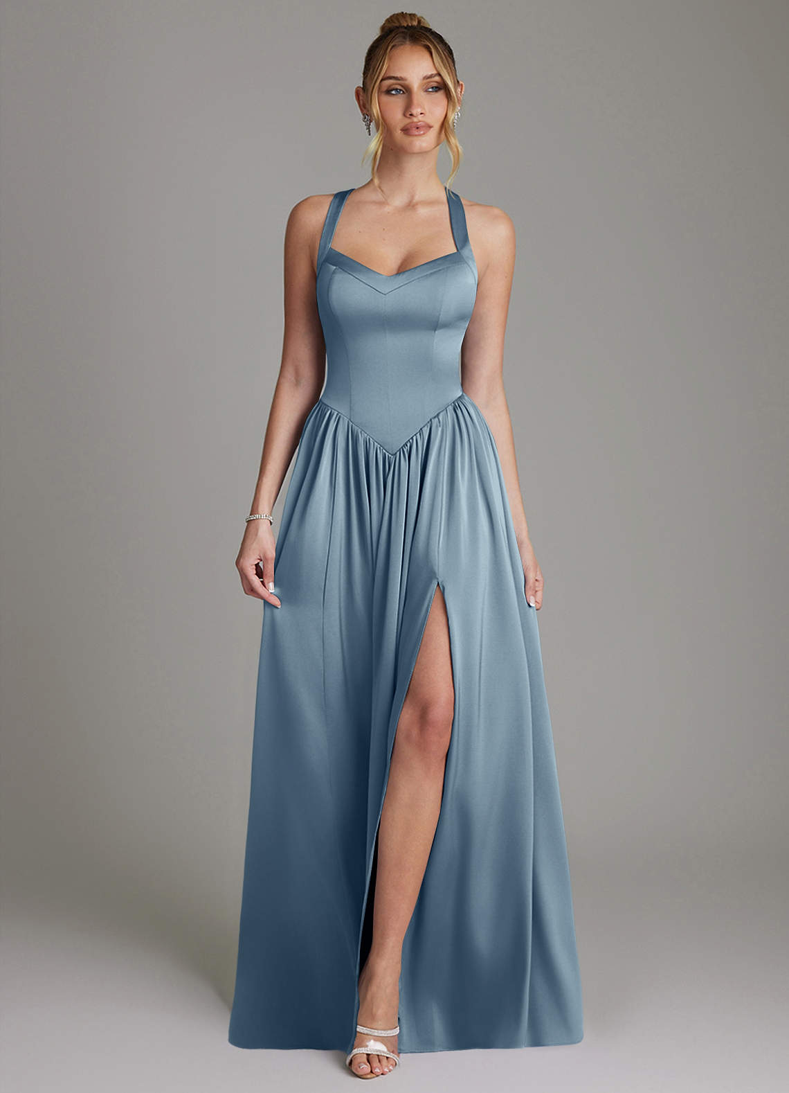 Francis A-Line V-Neck Stretch Satin Bridesmaid Dress in dusty blue