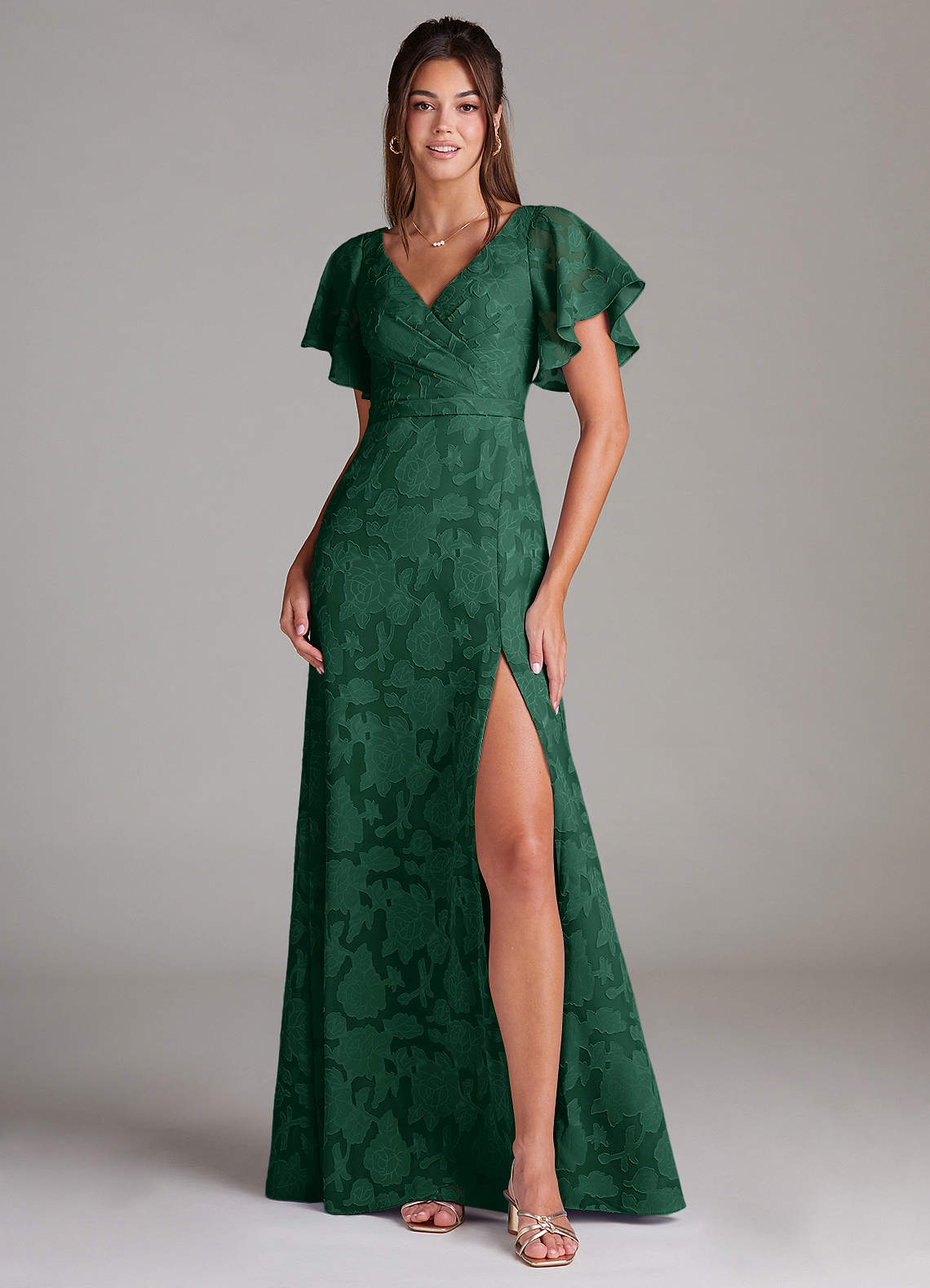 Ambrosia A-Line V-Neck Floral Burnout Bridesmaid Dress in Dark Green