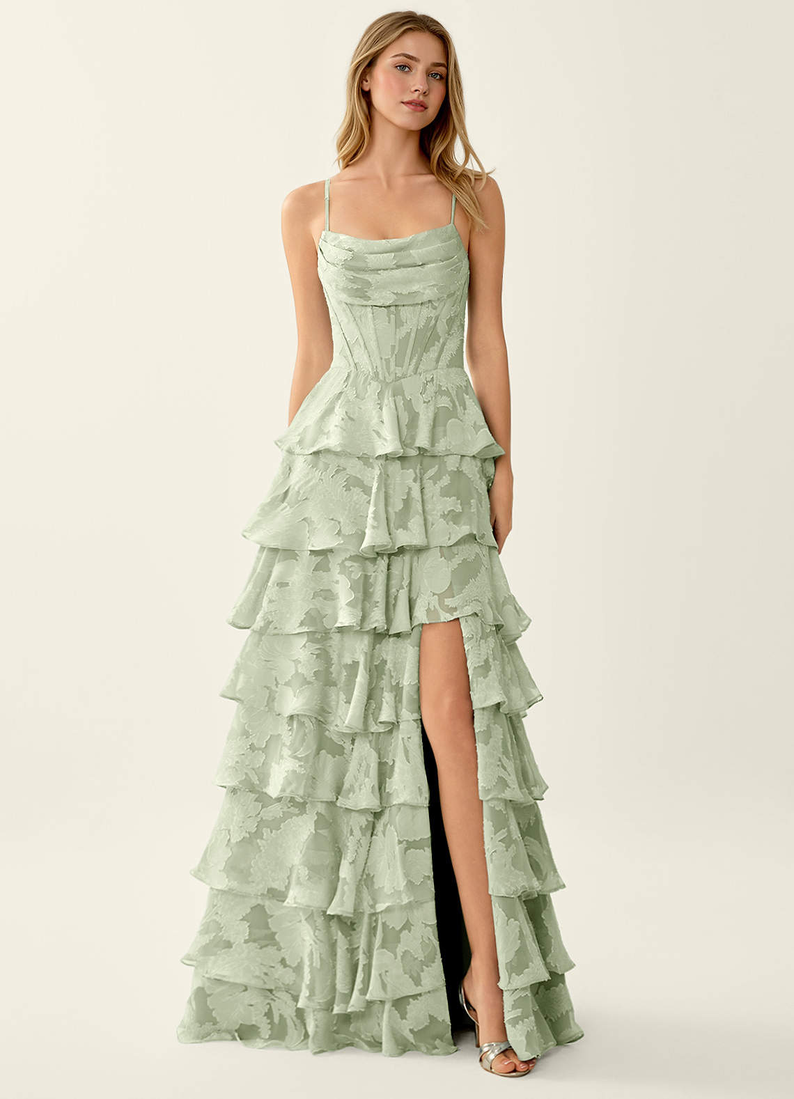 Wrenana A-Line Cowl-Neck Floral Burnout Evening Dress in Light Green