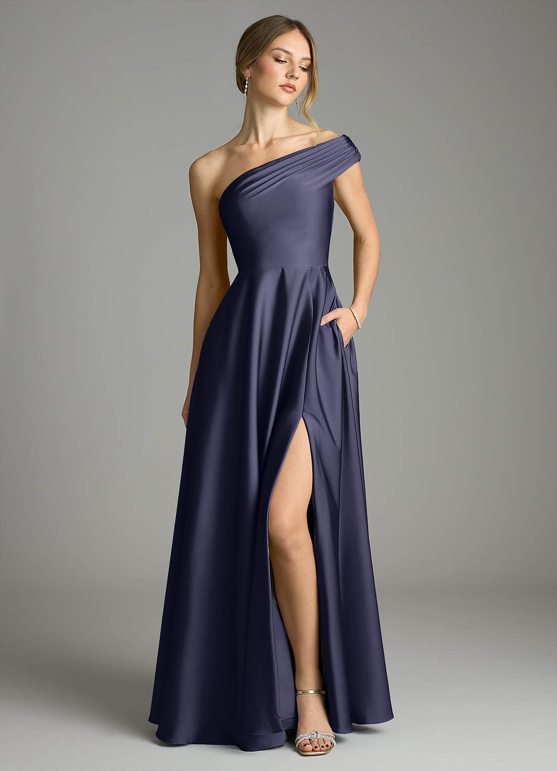 Melanie A-Line One-Shoulder Stretch Satin Bridesmaid Dress in Stormy