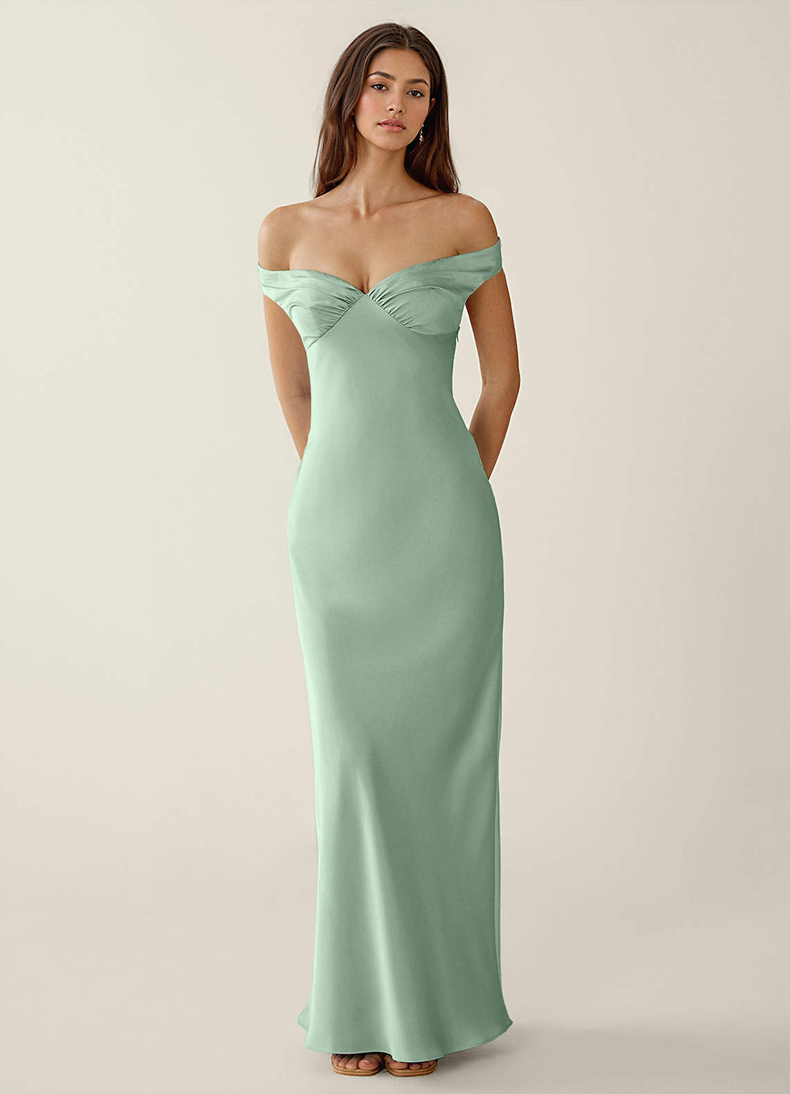 Gwendonme Sheath Off-the-Shoulder Satin Crystal Linen Evening Dress in Agave Green