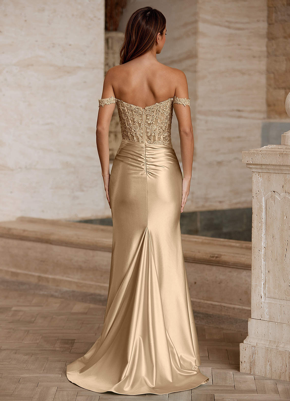 Wrentino Mermaid Off-the-Shoulder Stretch Satin Evening Dress in champagne