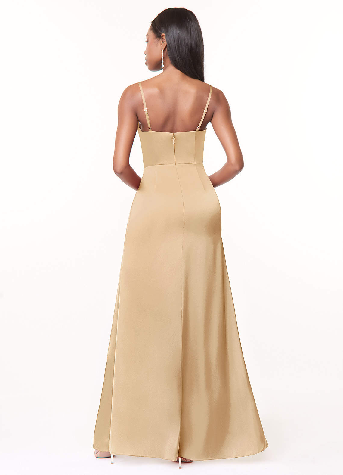 Maci A-Line V-Neck Stretch Satin Bridesmaid Dress in Gold