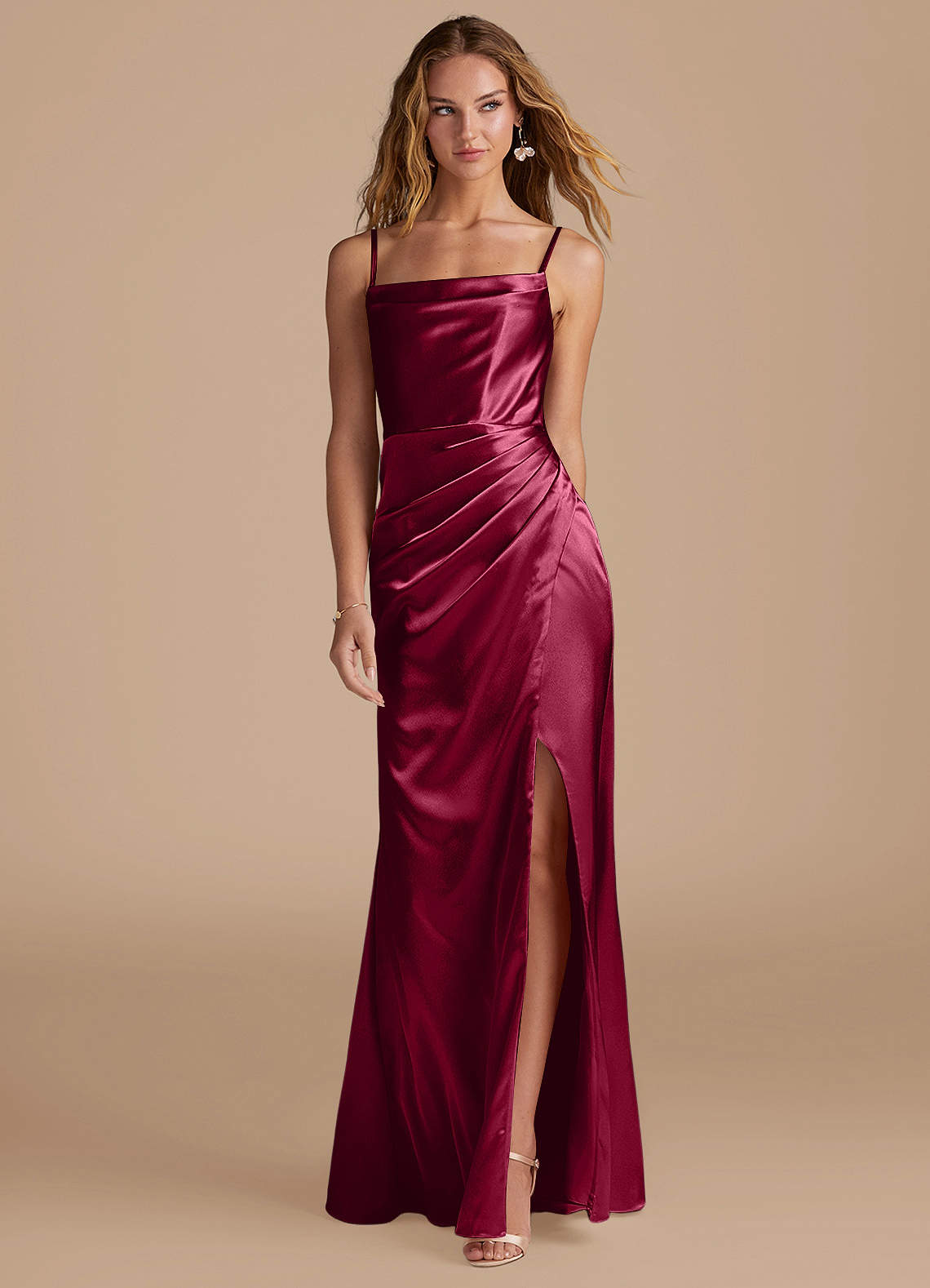 Marzia Mermaid Square-Neck Metallic Satin Bridesmaid Dress in Burgundy