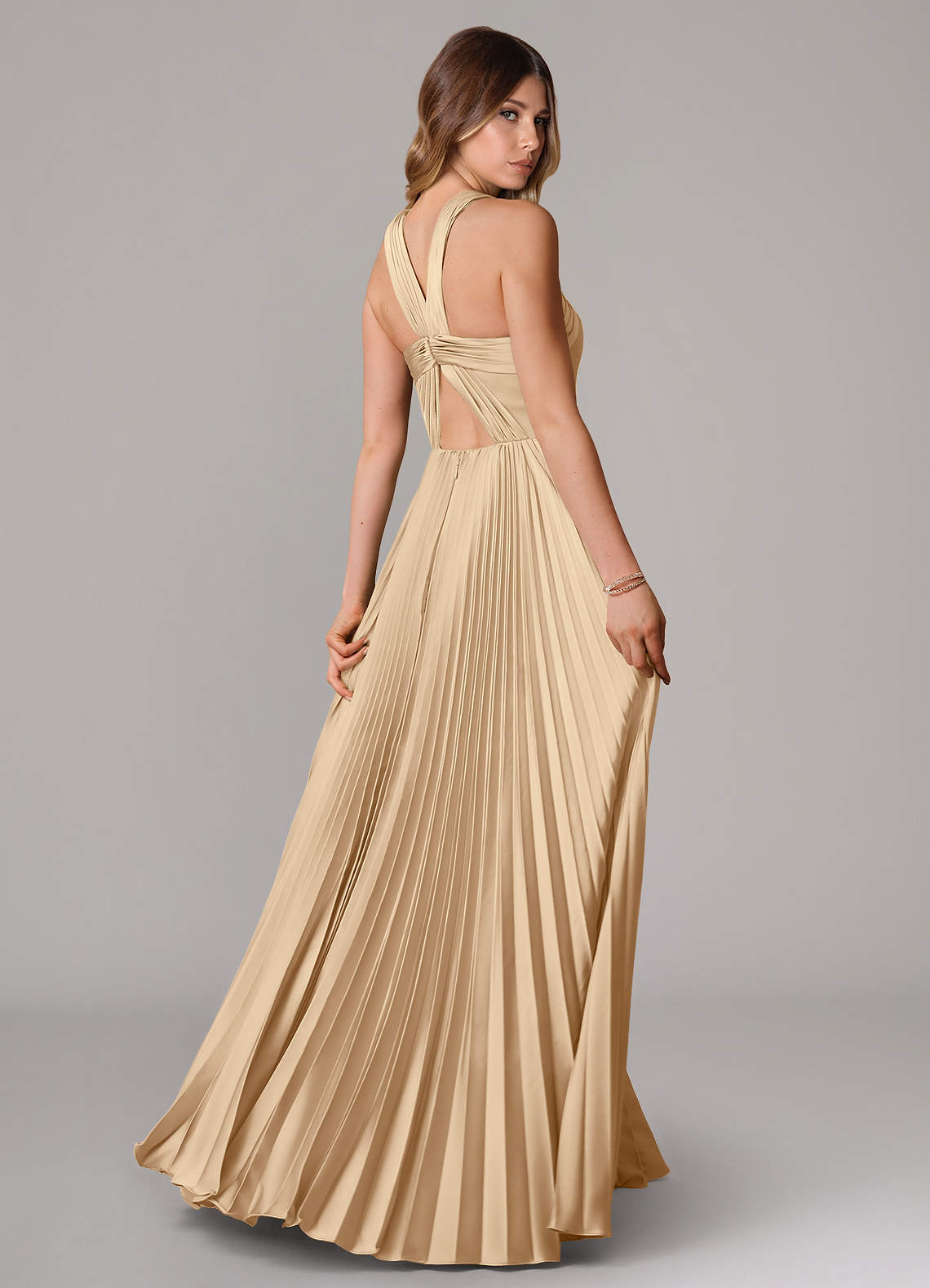 Afra A-Line Halter-Neck Stretch Satin Bridesmaid Dress in Champagne