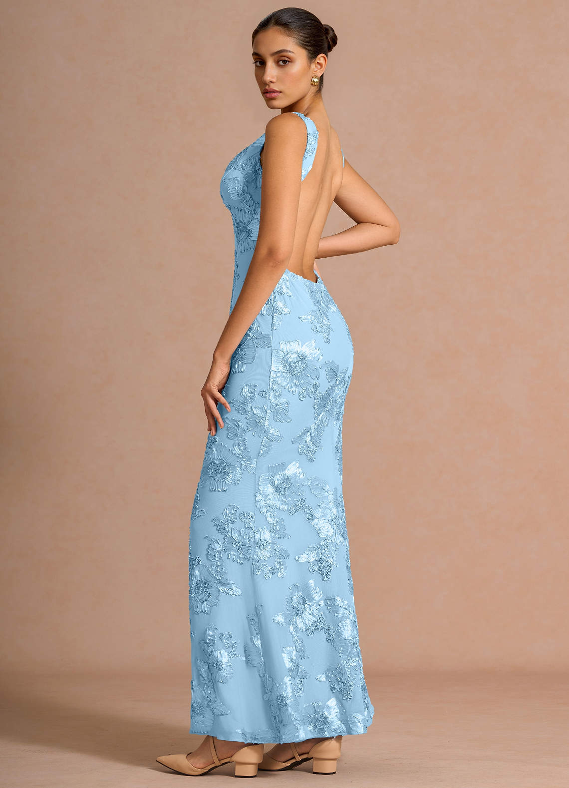 Ivellea Mermaid V-Neck Mesh Evening Dress in Sky Blue