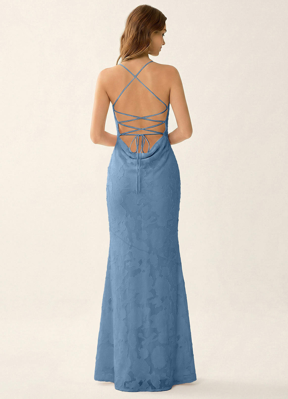 Natasha Mermaid Spaghetti-Strap Floral Burnout Evening Dress in Steel Blue