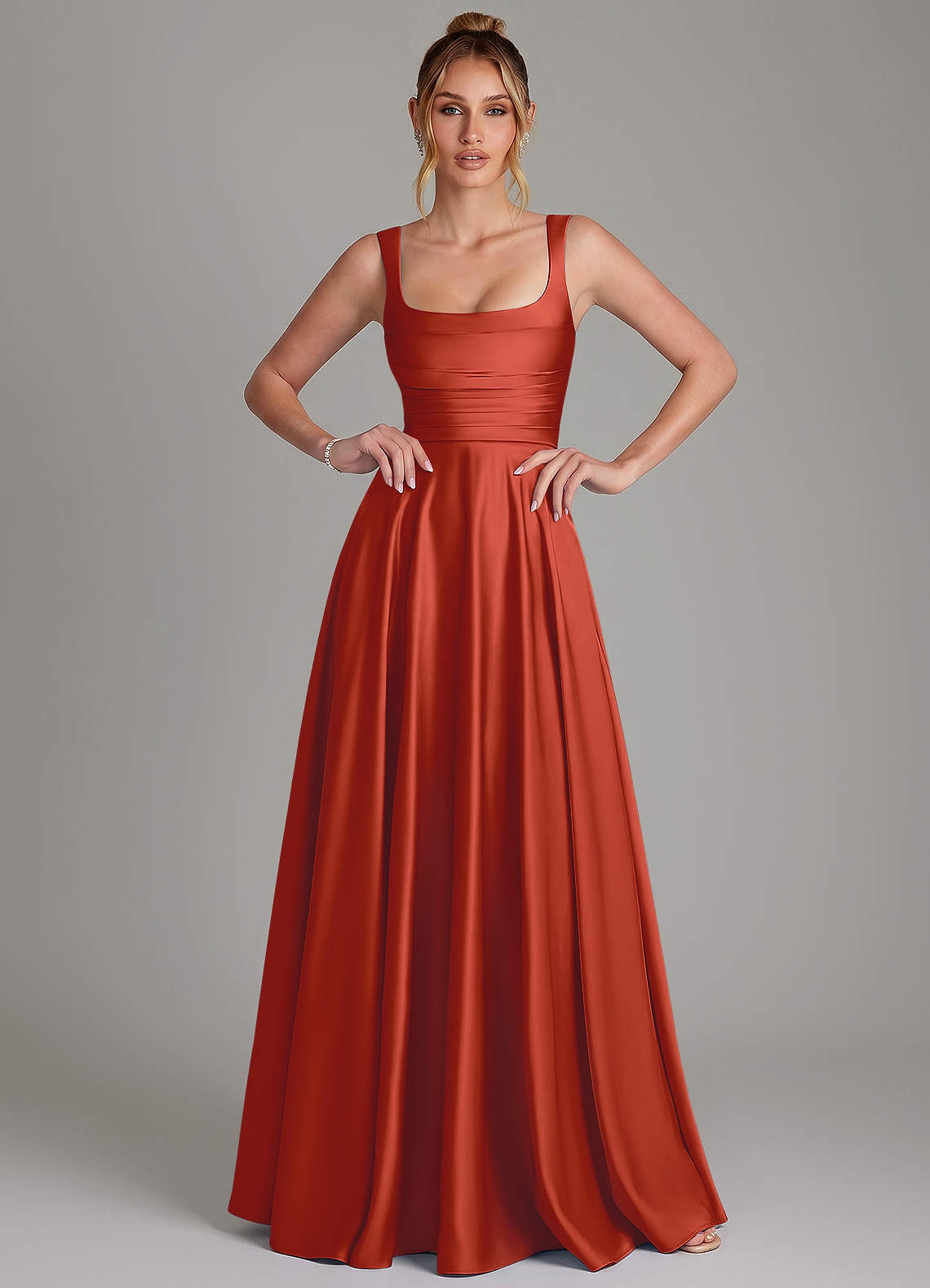 Azaria A-Line Square-Neck Stretch Satin Bridesmaid Dress in Rust