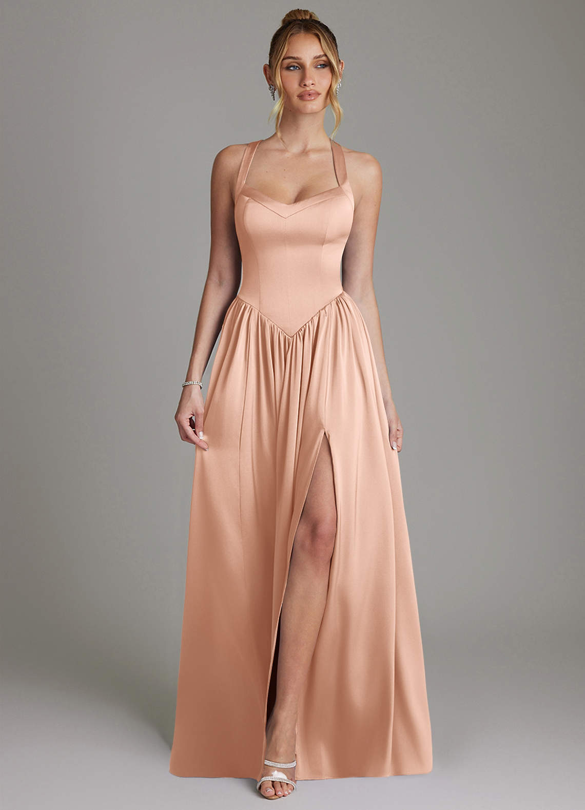Francis A-Line V-Neck Stretch Satin Bridesmaid Dress in rose gold