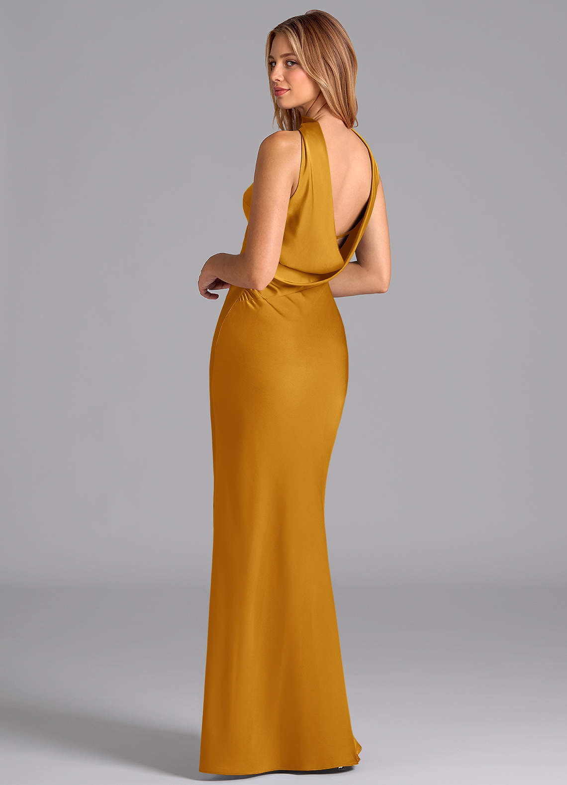 Lusinda Mermaid Strapless Stretch Satin Bridesmaid Dress in butterscotch