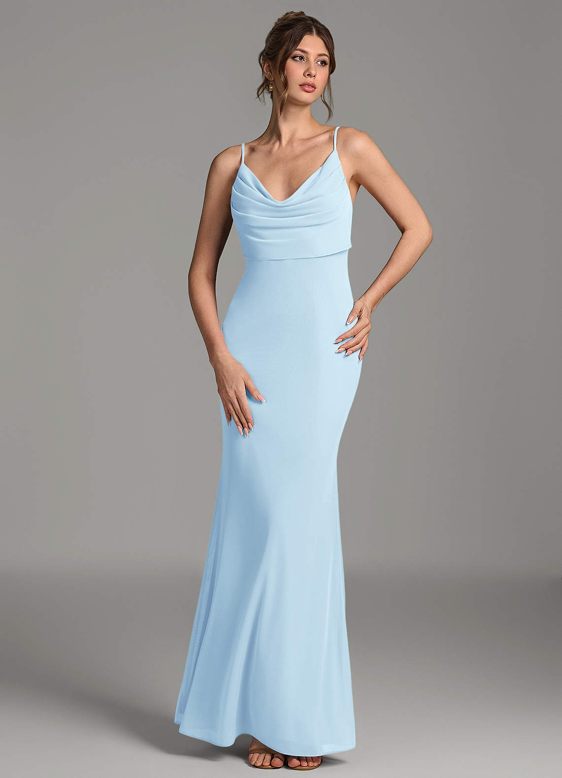 Zari Mermaid Cowl-Neck Mesh Bridesmaid Dress in Sky Blue