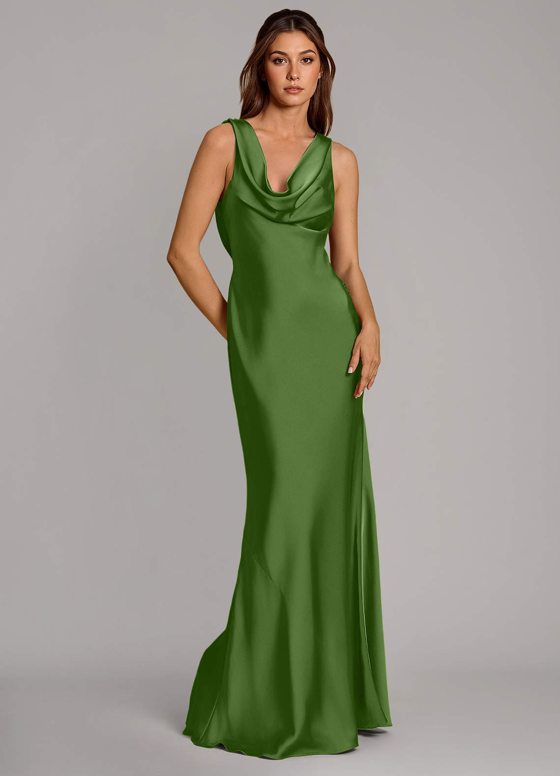 Cheryl Mermaid Cowl-Neck Stretch Satin Bridesmaid Dress in Basil