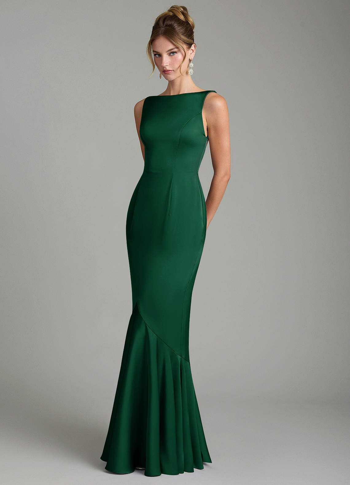Tamera Mermaid Boat-Neck Stretch Satin and Chiffon Bridesmaid Dress in Dark Green