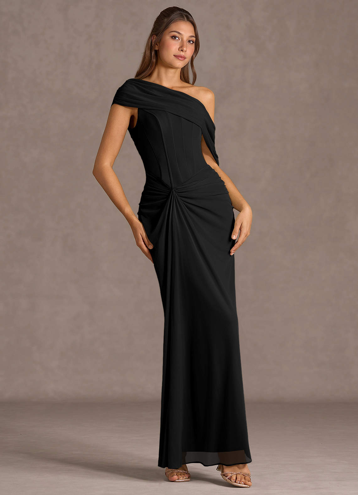 Delphira Mermaid One-Shoulder Mesh Wedding Guest Dress in black