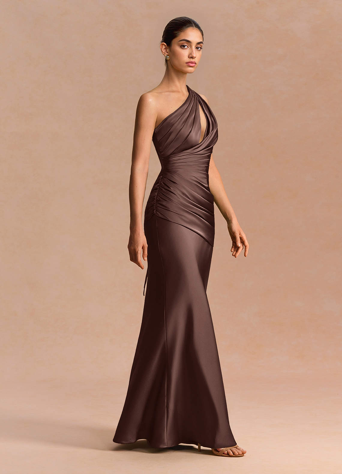 Guinevere One-Shoulder Cutout Stretch Satin Evening Dress in Truffle