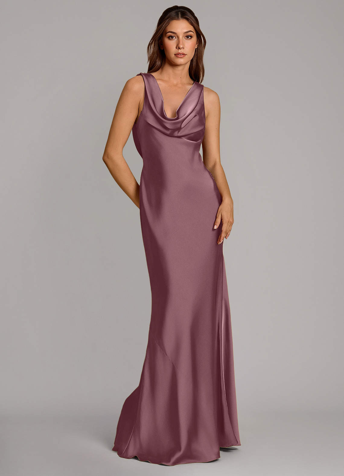 Cheryl Mermaid Cowl-Neck Stretch Satin Bridesmaid Dress in Amethyst
