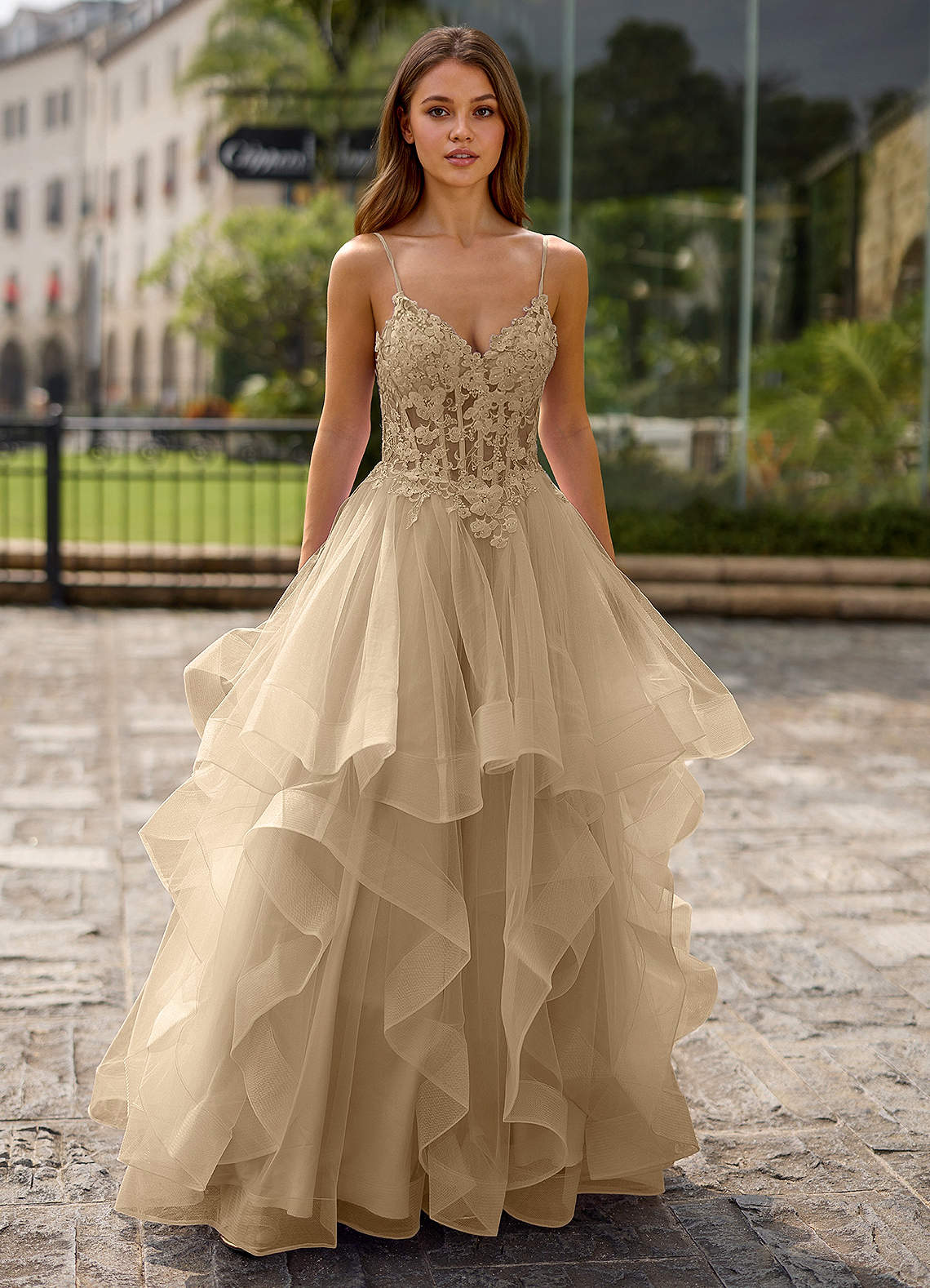 Spitze Ball Gown Sweetheart Lace Tulle Evening Dress in champagne