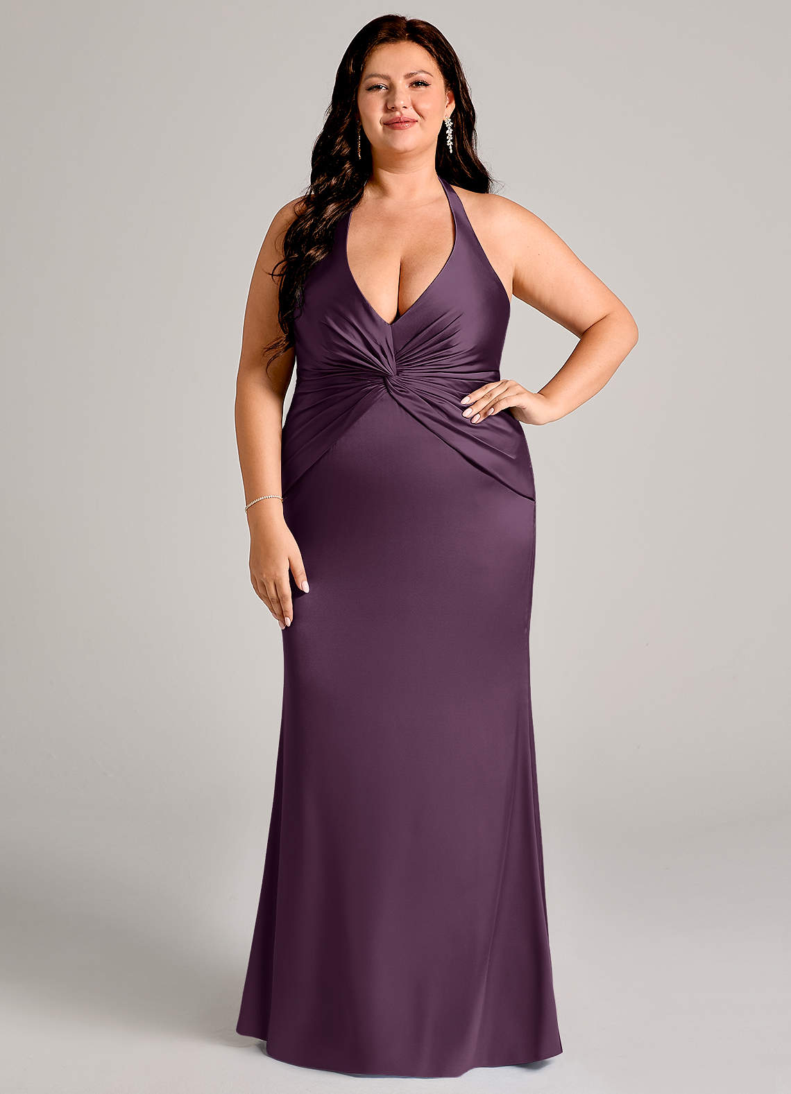 Valerie Mermaid V-Neck Stretch Satin Bridesmaid Dress in Plum