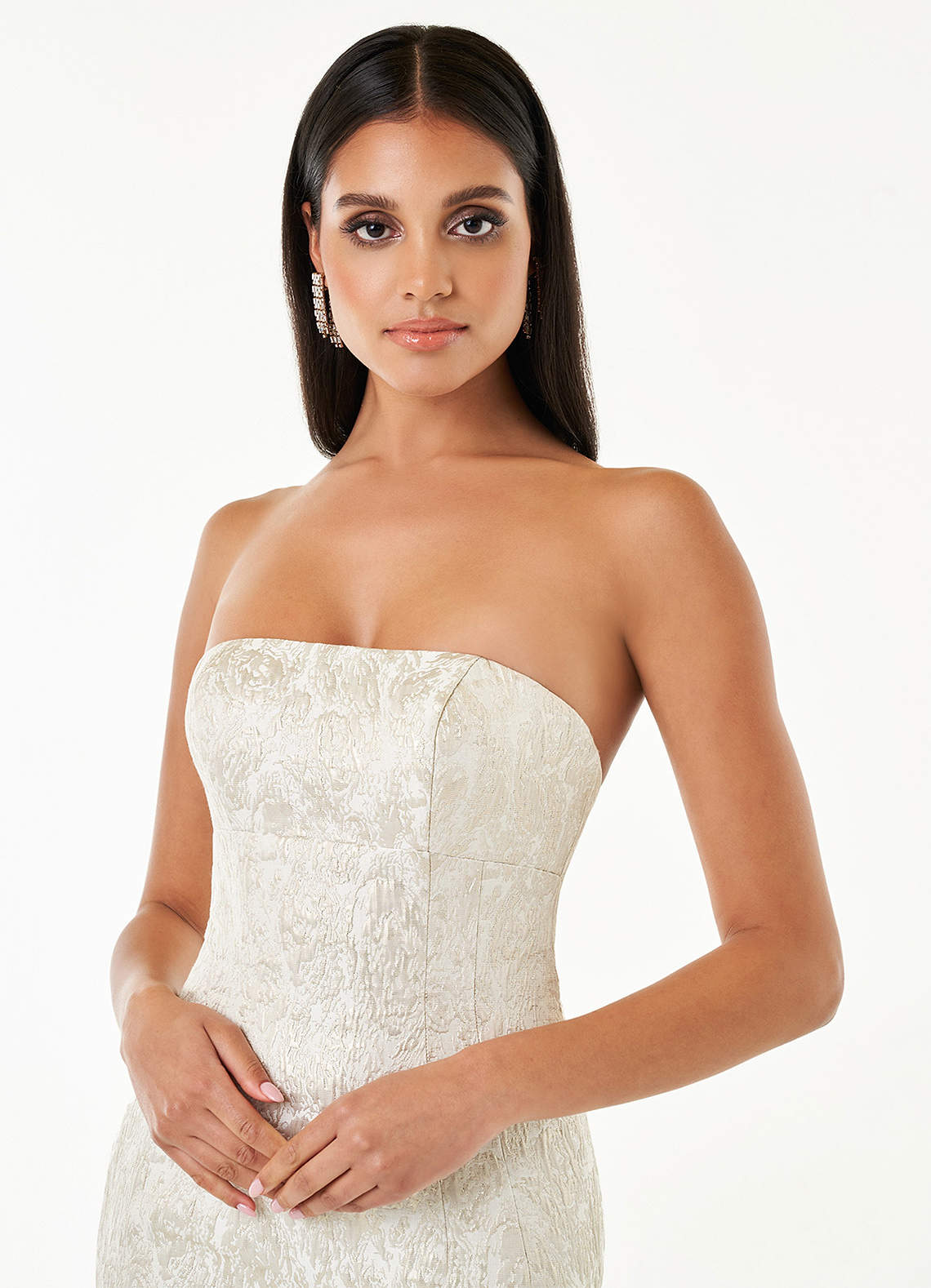 Donatella Rosette Bustle-Train Metallic Brocade Evening Dress in Champagne