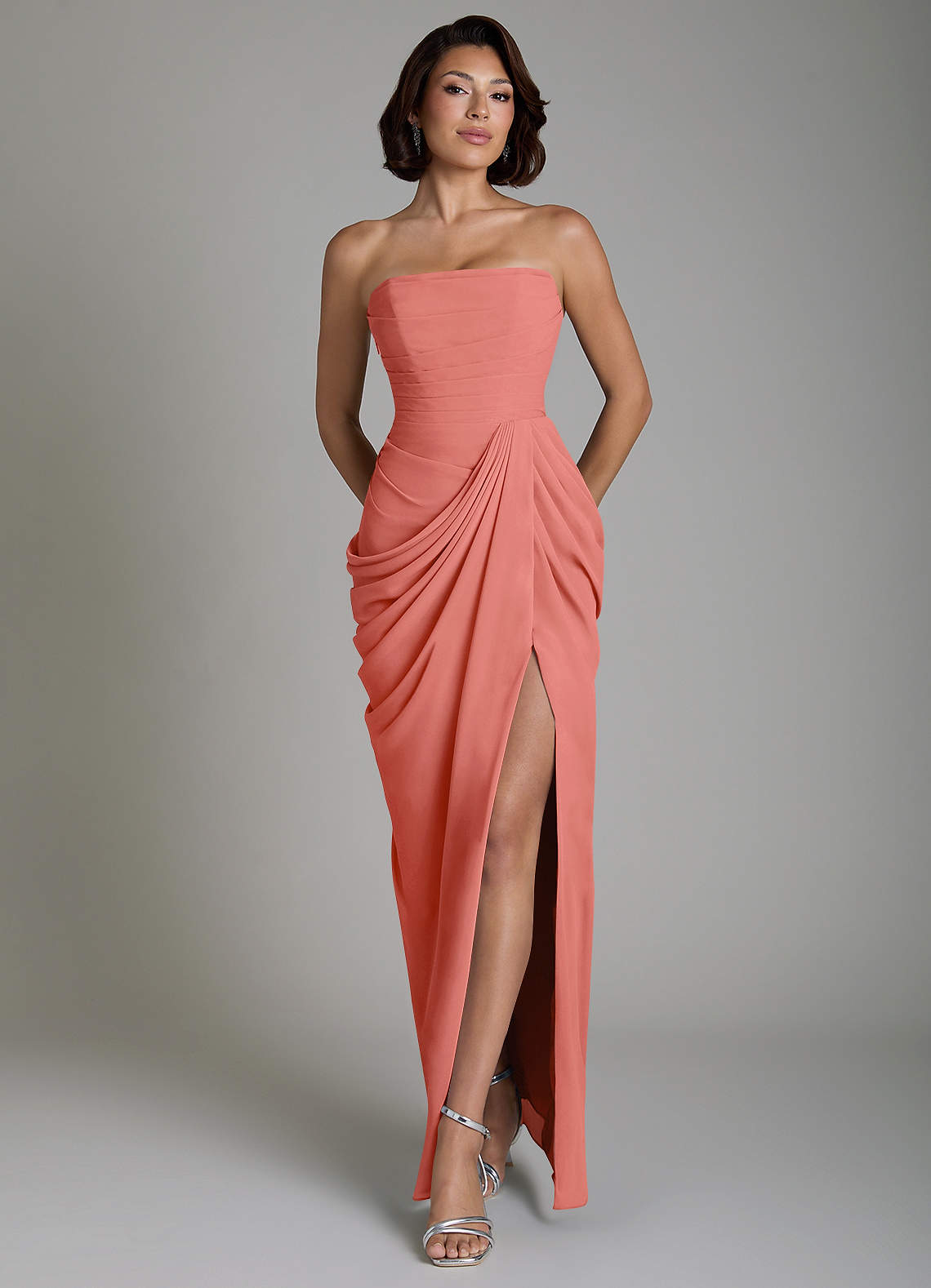 Nyra Sheath Strapless Chiffon Bridesmaid Dress in Salmon Pink